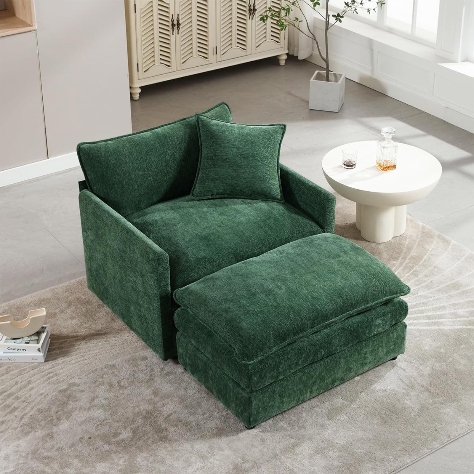 Chenille Accent Chair with Ottoman,Comfy Oversized Single Sofa Couch Deep Seat Lounge Chair Upholstered Armchair for Living Room Bedroom Office Apartment (Green)