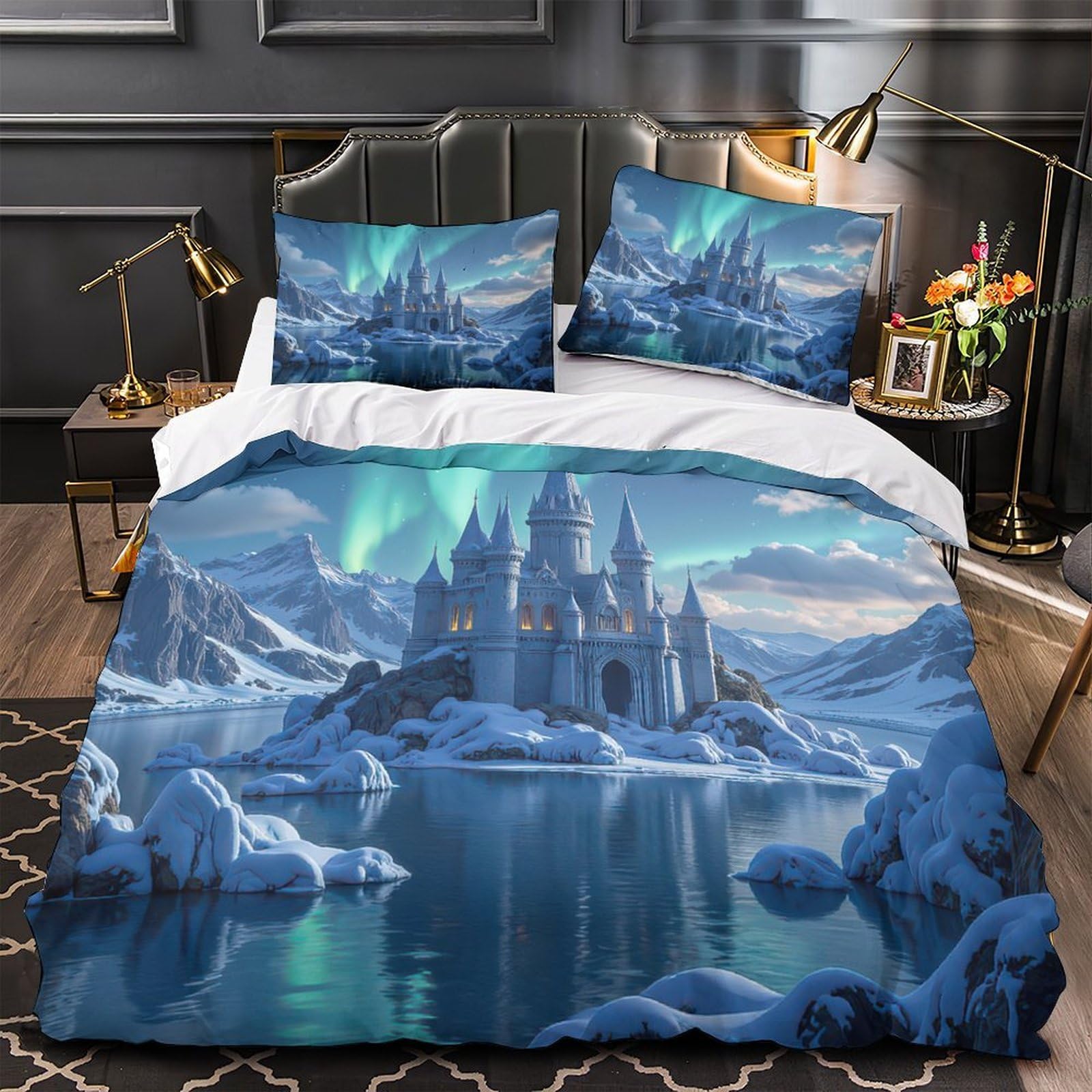 Housse de couette château d'hiver 220x240cm en microfibre avec 2 taies d'oreiller