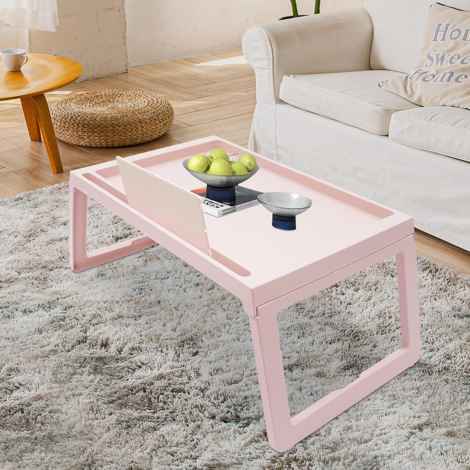 Lot de 4 plateaux de lit pliables en plastique pour enfants et adultes, stable et peu encombrant, pour manger, lire et étudier au lit ou sur le canapé (rose)