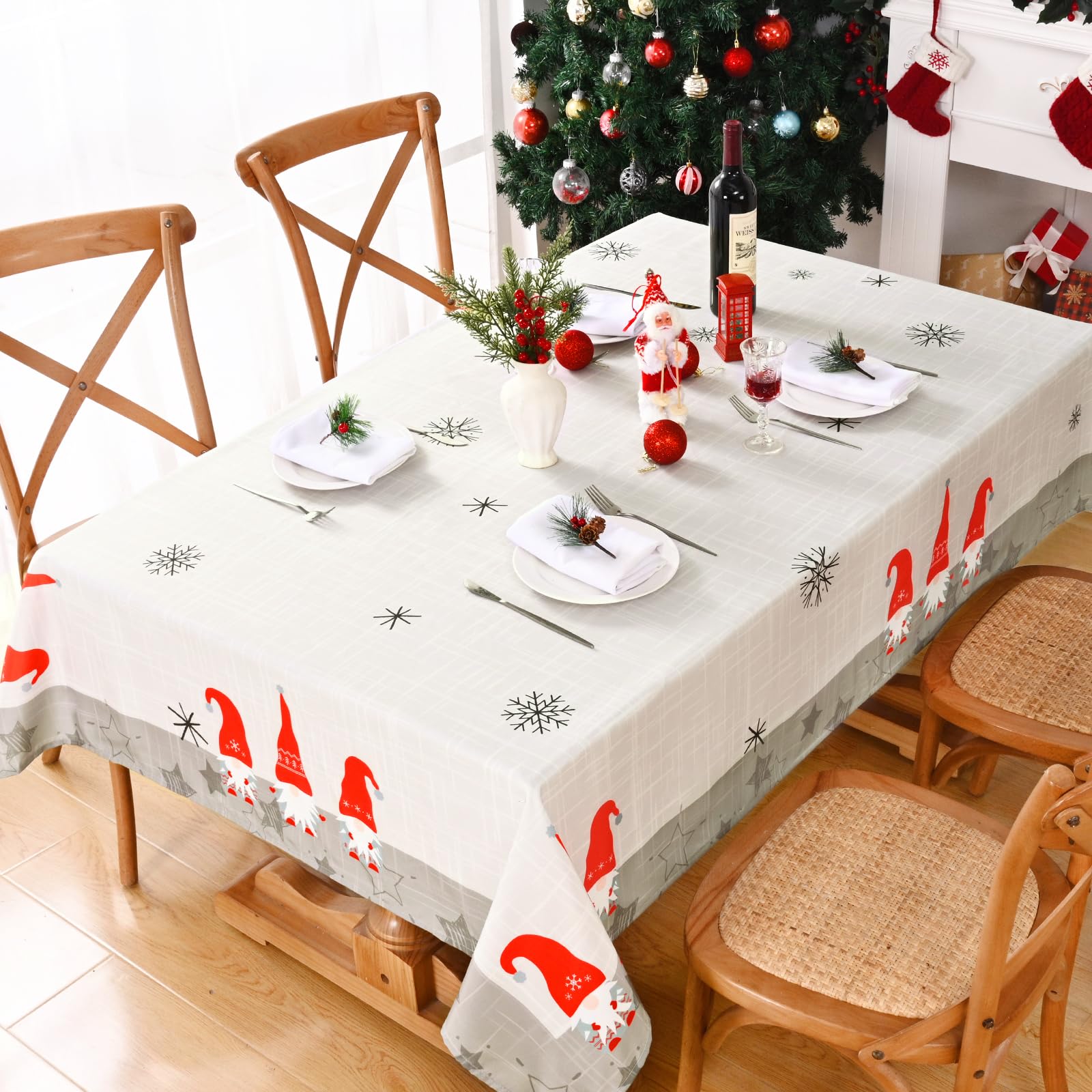 Alishomtll Mantel de Navidad, color gris claro, lavable, repelente al agua, antimanchas, estampado de copo de nieve, rectangular, para el hogar, cocina, decoración exterior, 130 x 220 cm