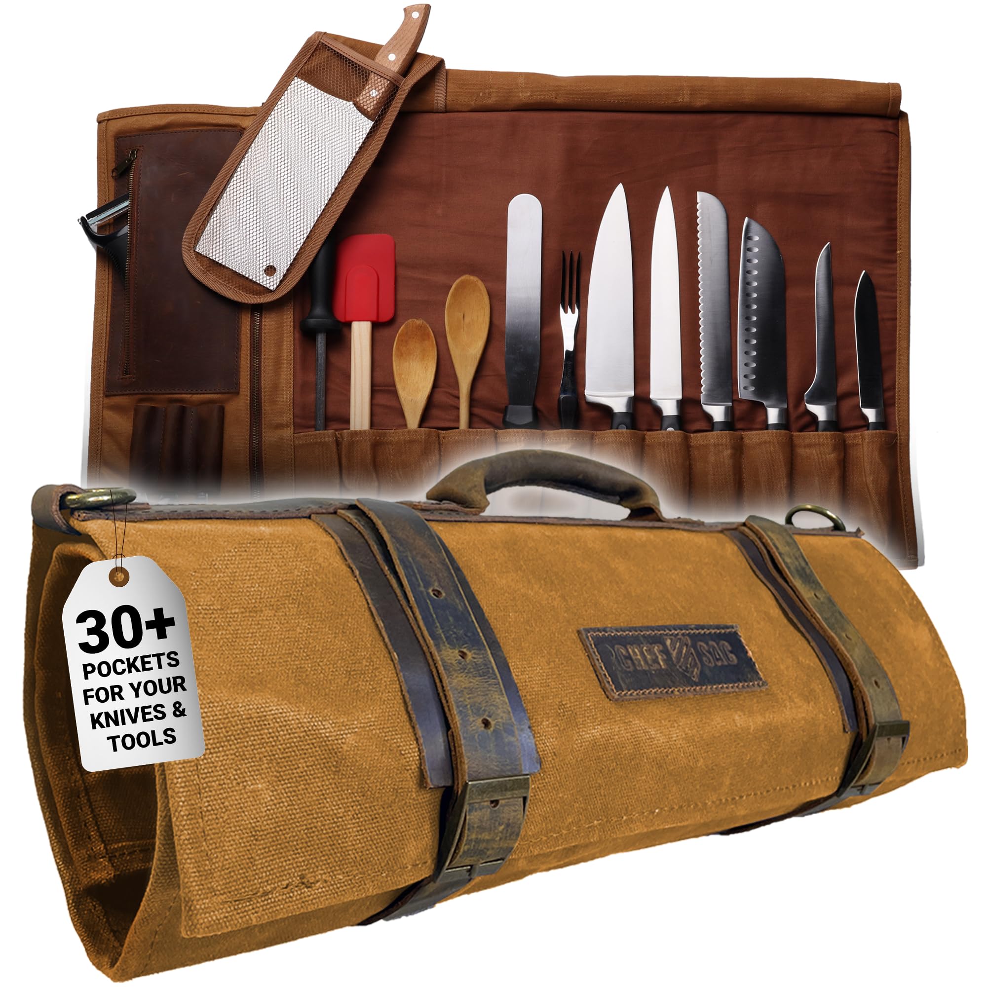 Chef Sac Chef Knife Roll Bag | 16oz ULTRA Wax Canvas & Top Grain Leather | 22 Slots & 4 Zipper Pouch | Double Stitch | Water-Resistant | Cleaver Pouch | Knife Organizer for Chefs