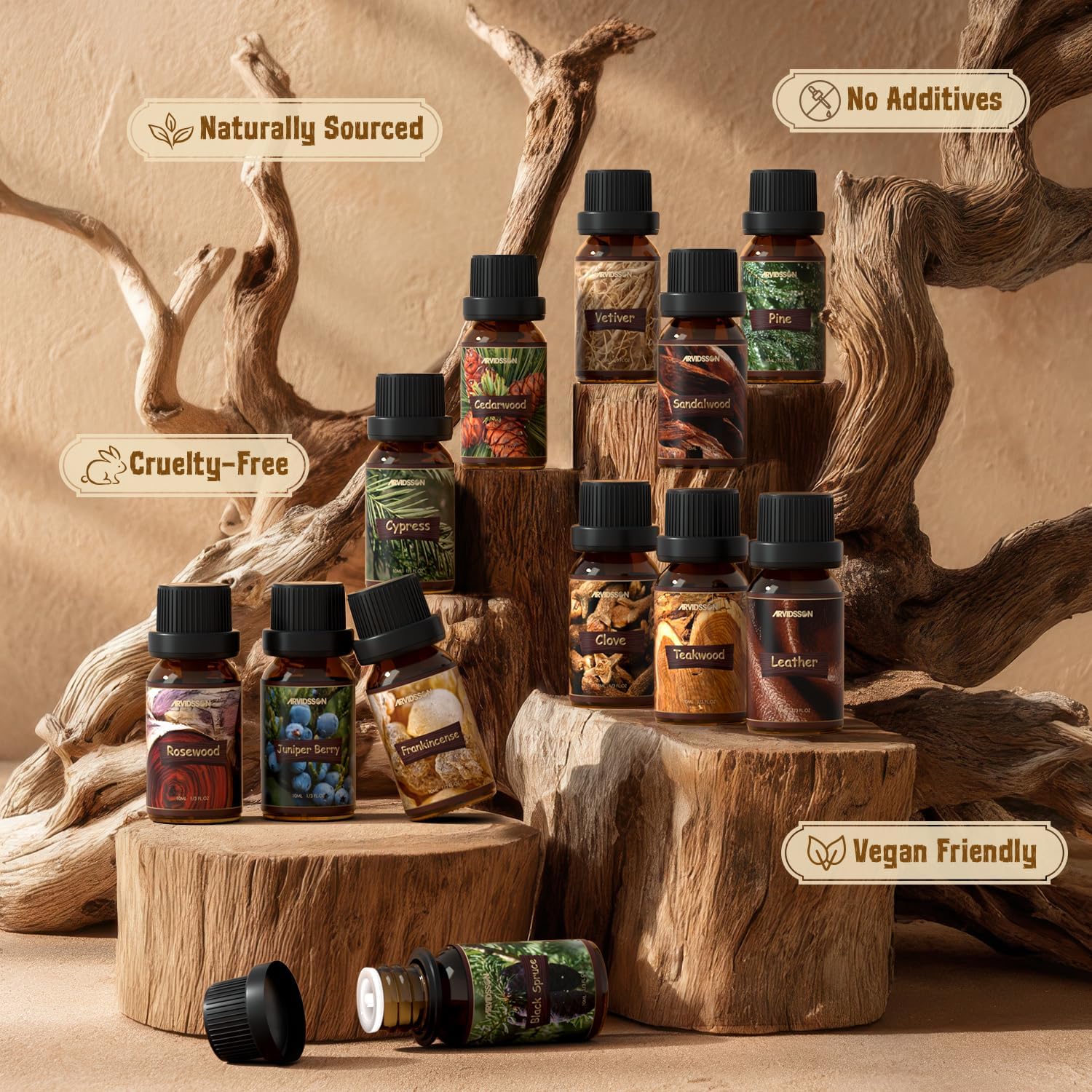 ARVIDSSON Woody Essential Oils Set, Wood Fragrance Oils Gift Set, 12 x 10ml Woodsy Essential Oil for Diffuser - Cedarwood, Sandalwood, Pine, Cypress, Frankincense, Juniper Berry, Clove and More