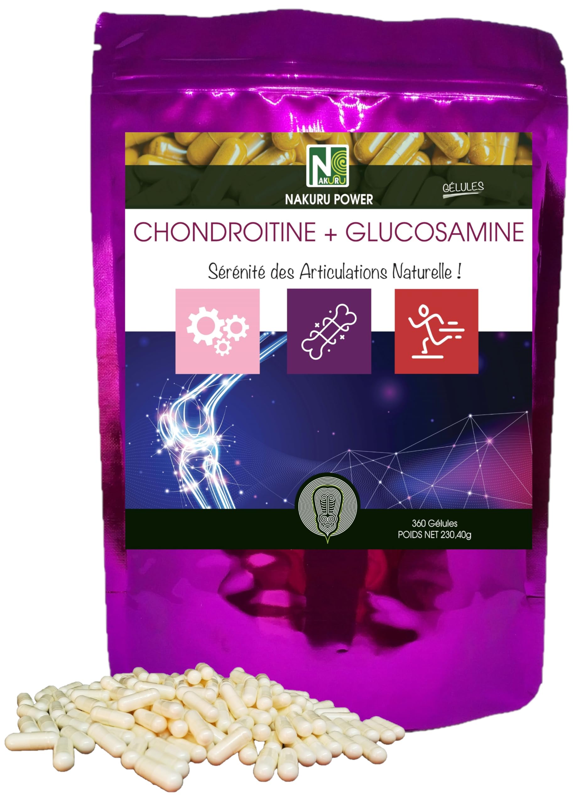 NAKURU | Chondroïtine + Glucosamine | Gamme Power | Fabriqué en France | "Sérénité des Articulations Naturelle !" (360 Gélules de 640mg / Poids Net: 230,40g)