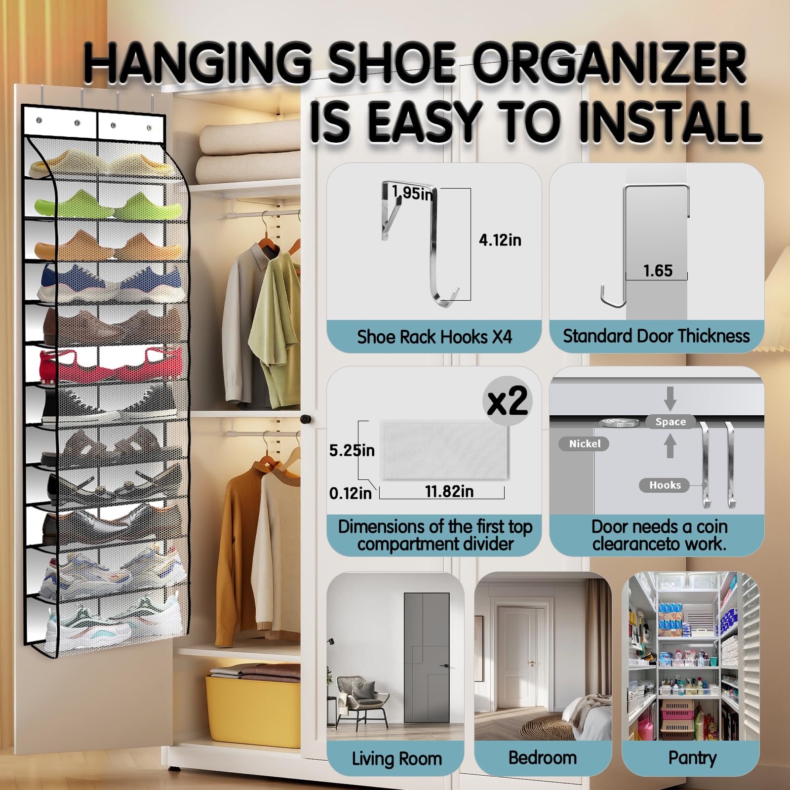 Kotkn 12 organizadores de zapatos colgantes de PVC para colgar sobre la puerta, organizador de zapatos para armario con bolsillos grandes y profundos, zapatero estrecho para colgar en la puerta