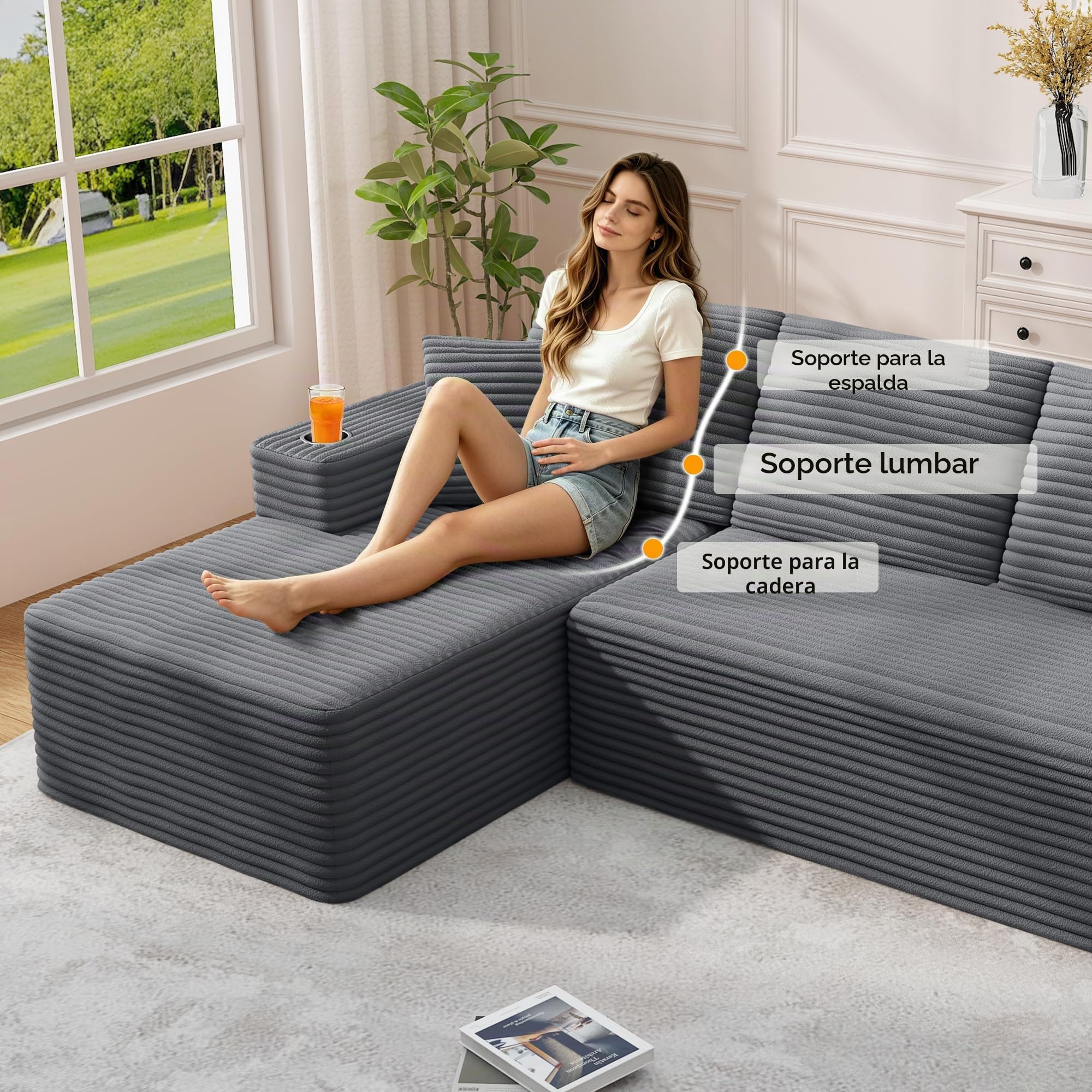 Sofá Esquinero, Modular Forma L Sofá de 3 Plazas, Sofa Chaise Longue para Sala de Estar, no Requiere Montaje, Tela de Pana, 261x126x59cm, Gris Oscuro