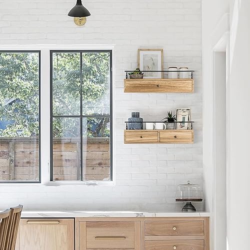 Vista 6 de Paquete de 2 estantes flotantes rústicos con cajón, estante de baño montado en la pared, 15.8 pulgadas de largo, madera marrón y metal, capacidad