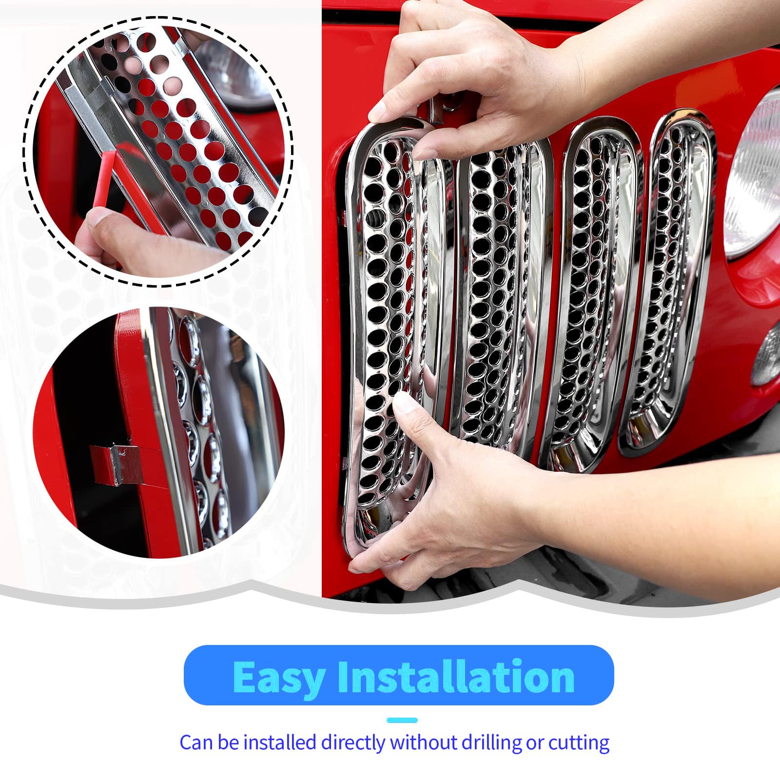 Inserts de grille avant en maille à clipser pour Jeep Wrangler JK et Unlimited JKU 2007-2015, garniture de grille chromée, accessoires Jeep durables