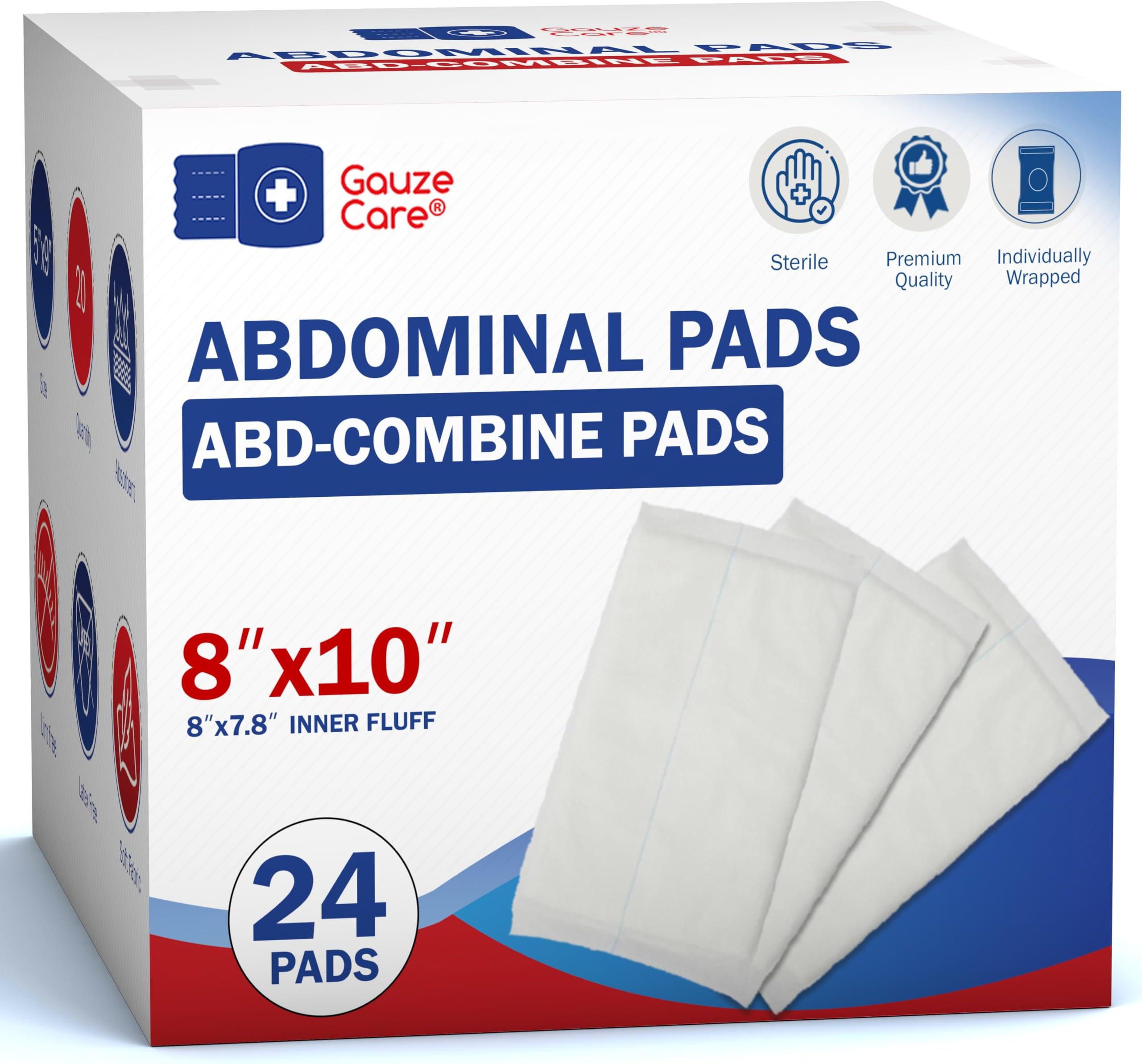 Sterile Abdominal- ABD Combine Pads| 24-Pack, 8x10 Inches| Extra Absorbent & Thick, Individually Wrapped Wound Dressing, First Aid Pads| Surgical-Grade, Nonstick- for Heavy Leakage, Post Op
