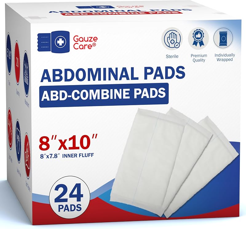 GauzeCare Abdominal estéril - Almohadillas combinadas ABD| Paquete de 24, 8 x 10 pulgadas | Apósito para heridas extra absorbente y grueso, envuelto individualmente, almohadillas de primeros auxilios | Grado quirúrgico, antiadherente, para fugas intensas, posoperatorio