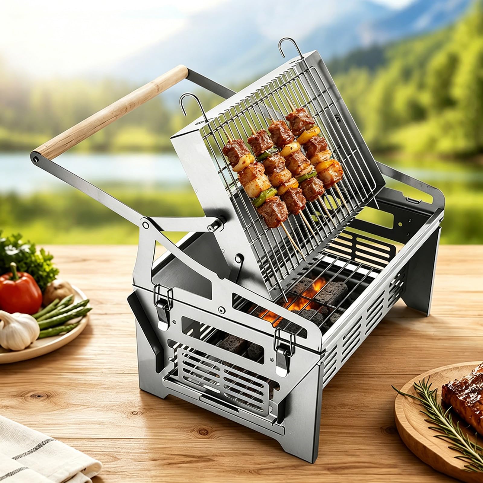 Portable 360 Rotating Charcoal Grill Stainless Steel BBQ Rack
