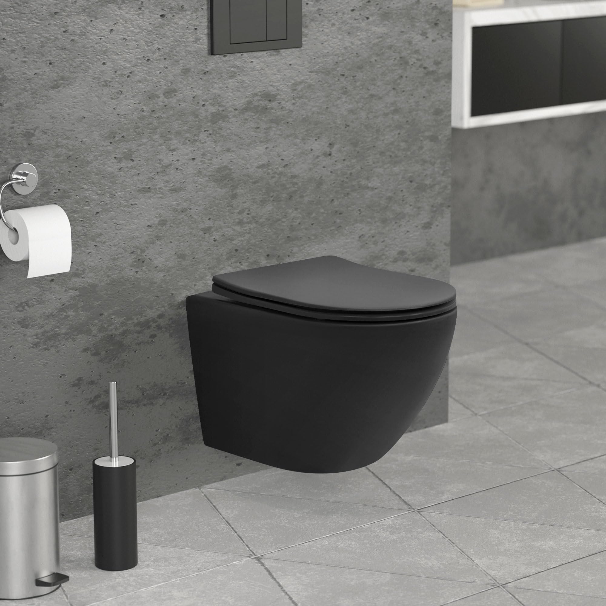 LuxeBath WC Sospeso Senza Bordo Nero Opaco WC in Ceramica Scarico Profondo Toilette Sospeso a Risciacquo Profondo Corto 49 cm con Rivestimento Nano Vaso con Chiusura Morbida