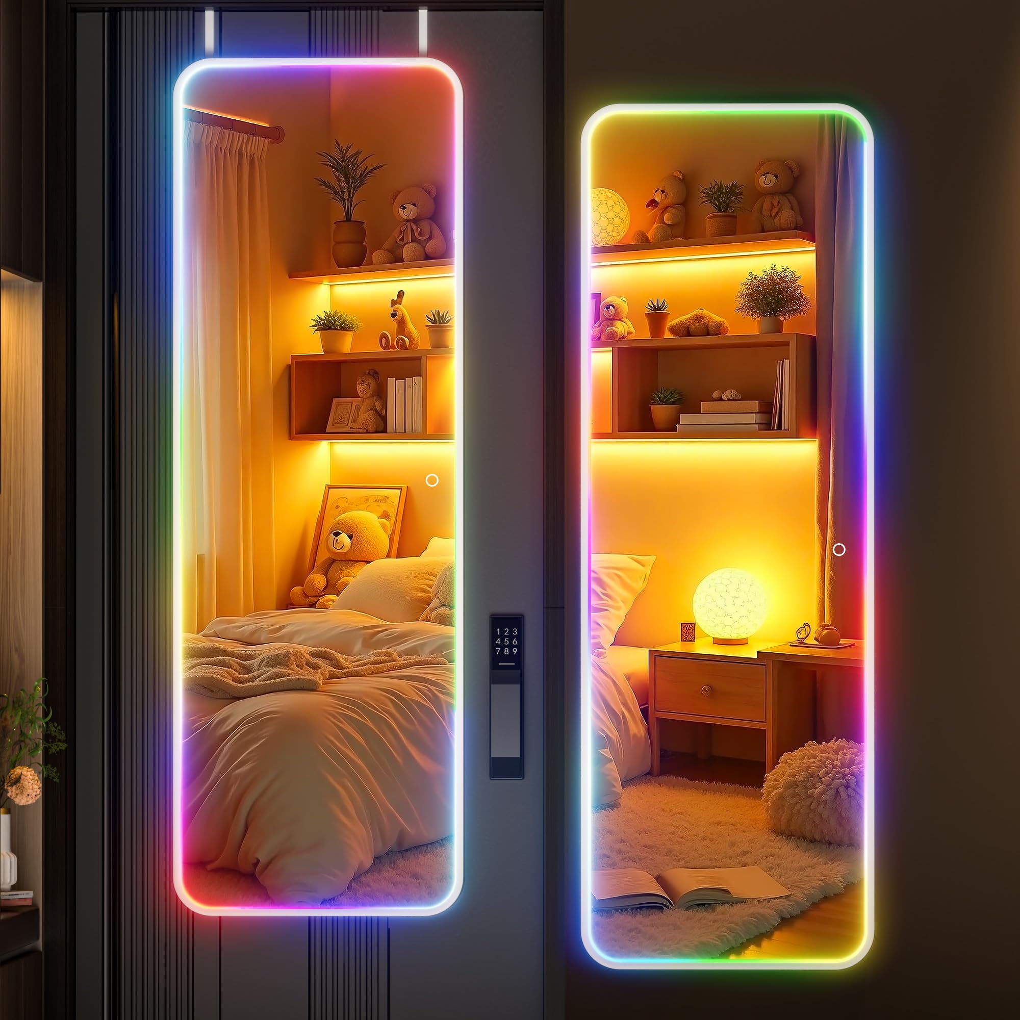 Hasipu 47"x15.7" LED RGB Door Mirror Full Length, Full Body Full Length Over The Door Mirror with Lights, Door Hanging &amp; Wall Mounted Mirror for Bedroom, Living Room, Cloakroom