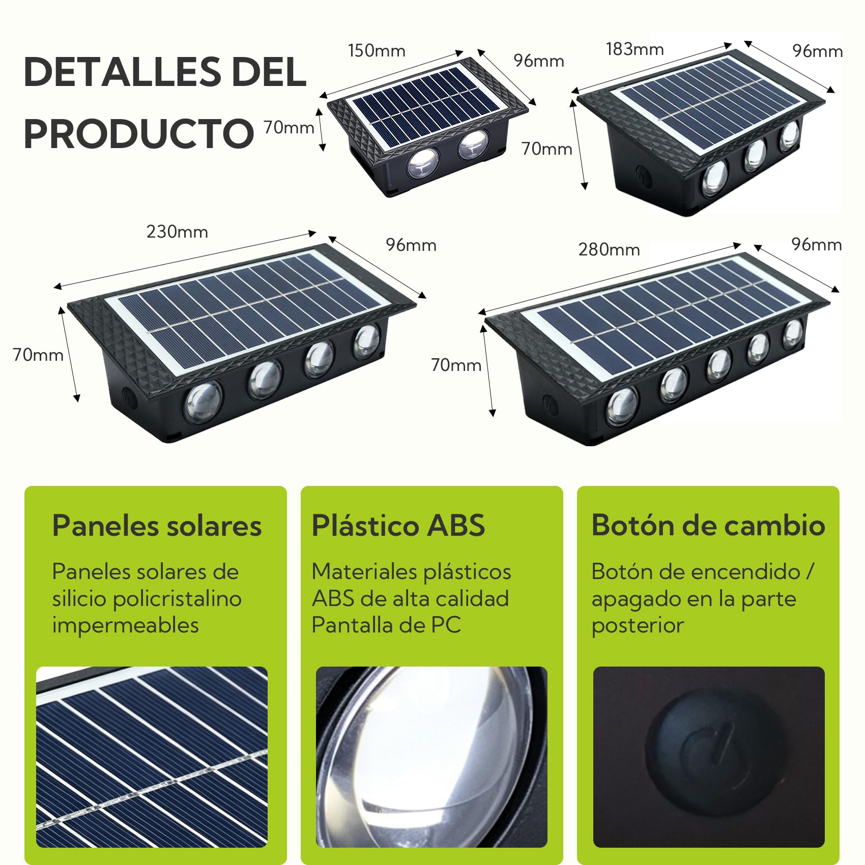 Aplique Solar Exterior 8 LEDs 3000K Blanco Cálido, Lámpara Solar de Pared Impermeable IP65 Iluminación Arriba y Abajo, Luces Solares para Jardín, Valla, Terraza, Muros y Escaleras, Pack de 4