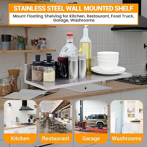 Miniatura 7 de Estante de pared de acero inoxidable de 8.6 x 24 pulgadas, 60 libras, 2 paquetes de estantes flotantes comerciales en forma de L para cocina,