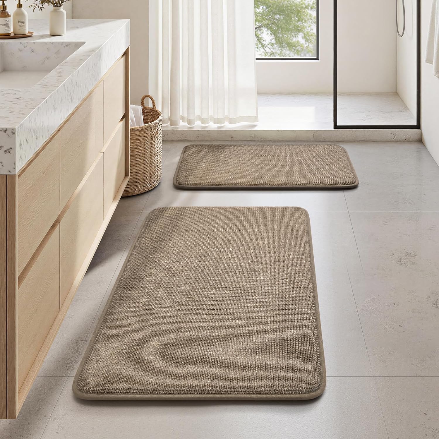 HOMEIDEAS Beige Memory Foam Bathroom Rugs Set 2 Piece, Soft Linen-Like Absorbent Bath Mat Set, Non-Slip & Machine Washable Bath Rugs, Boho Bathroom Rug for Shower and Tub (32"x20"+24"x17")