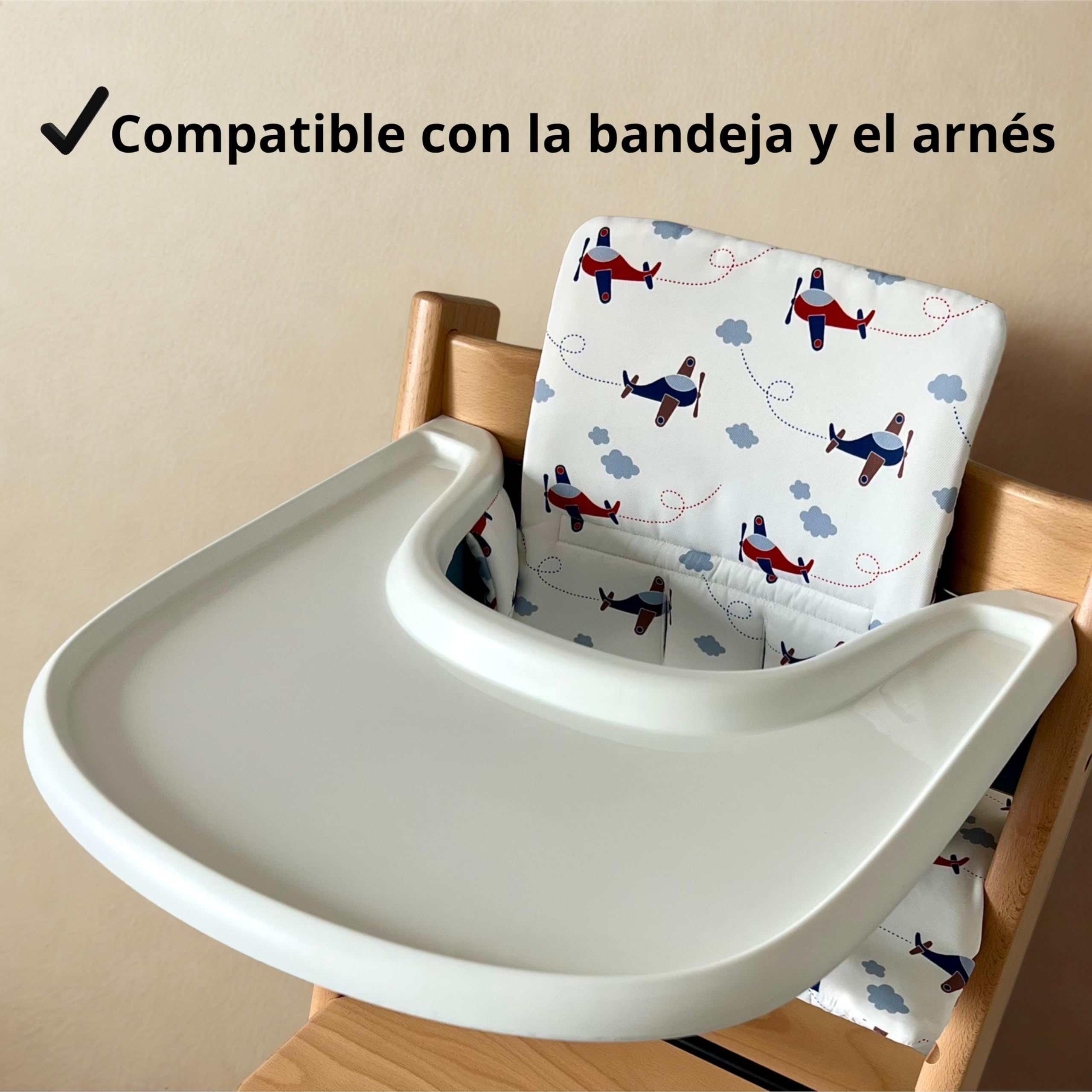 Cuscino per Seggiolone Bebè Compatibile con Stokke Tripp Trapp, Imbottito, Impermeabile, Lavabile, Fodera Antiscivolo HANELLE (Aerei)