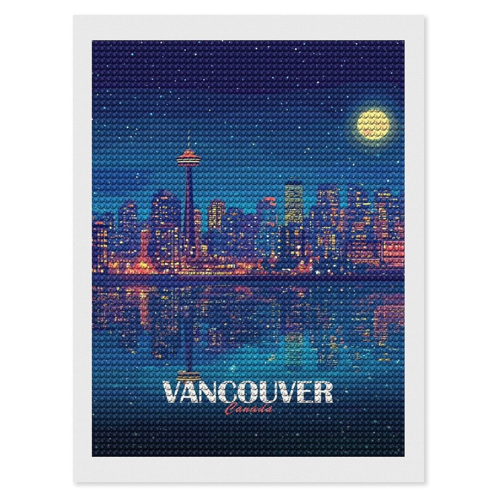 Junmoney Vancouver Canada Night Skyline Illustration Diamond Painting Kit 12"x16", for Women, Simple to Start, Bedroom Decor, Christmas Gift, Good for Quiet Evenings