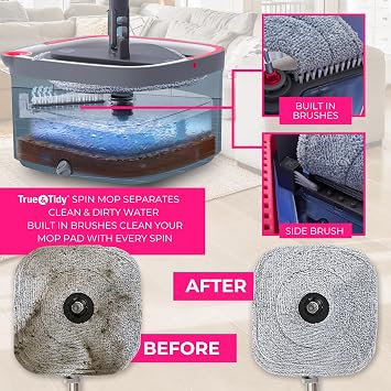 True & Tidy True Clean Spin Mop & Bucket System Dual Compartment Design for Clean & Dirty Water, 360 Swivel Mop Head, Built-in Scrubbing Brush, Stainless Steel Handle & 2 Reusable Microfiber Pads