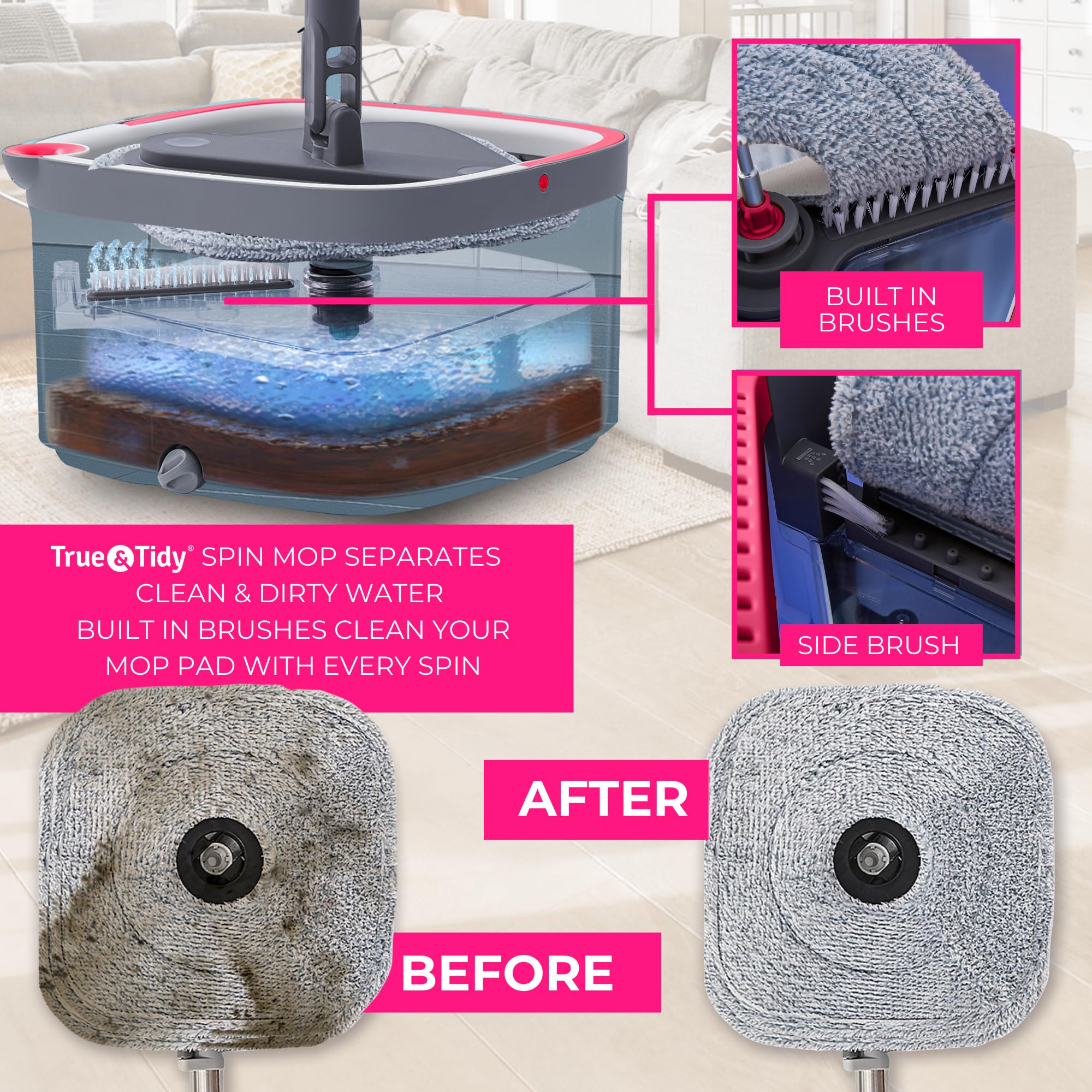 True & Tidy True Clean Mop spinningowy i system wiadra, w zestawie mop spinningowy, wiadro do mopa dwukomorowego, silikonowa zamiatarka podłogowa, 2 grube zmywalne podkładki do mopa z mikrofibry,