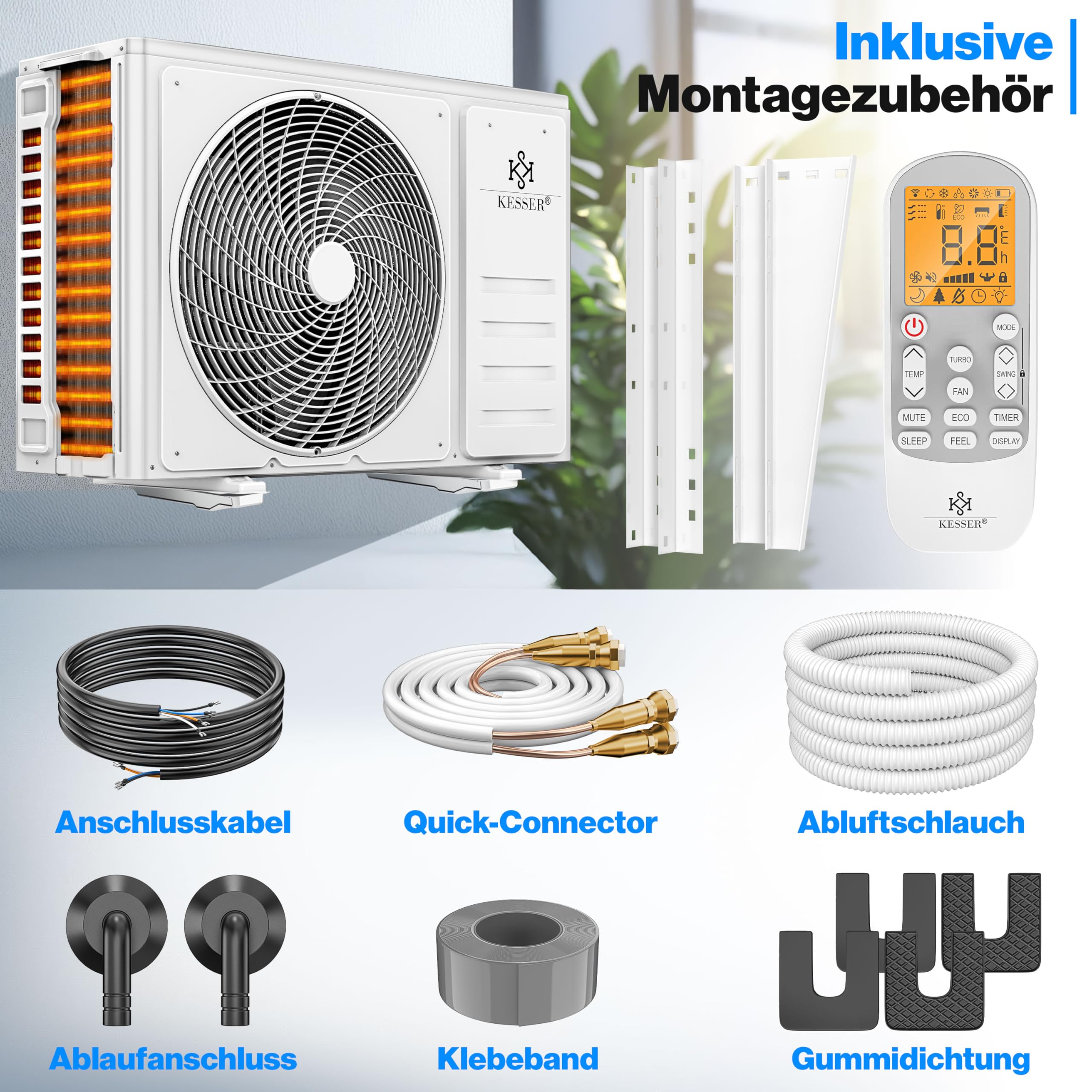 KESSER Split Klimaanlage Set Quick Connect 9000 BTU 2,6 kW WiFi Klimagerät mit Heizfunktion & Kühlmodus R32
