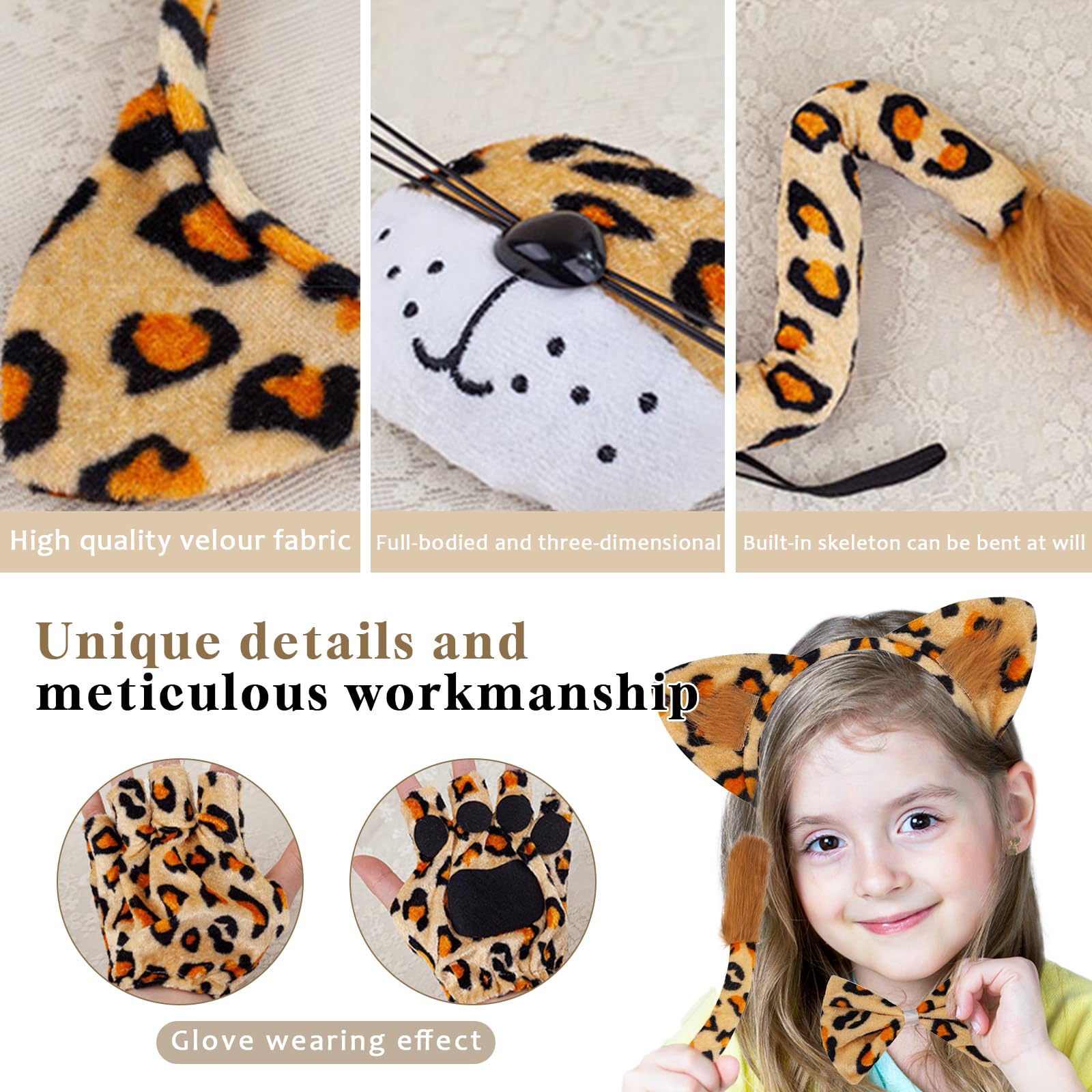 TUONYIS Leoparden Kostüm Set 5-teilig - Ohren, Schwanz & Gesichtsaufkleber Für Karneval