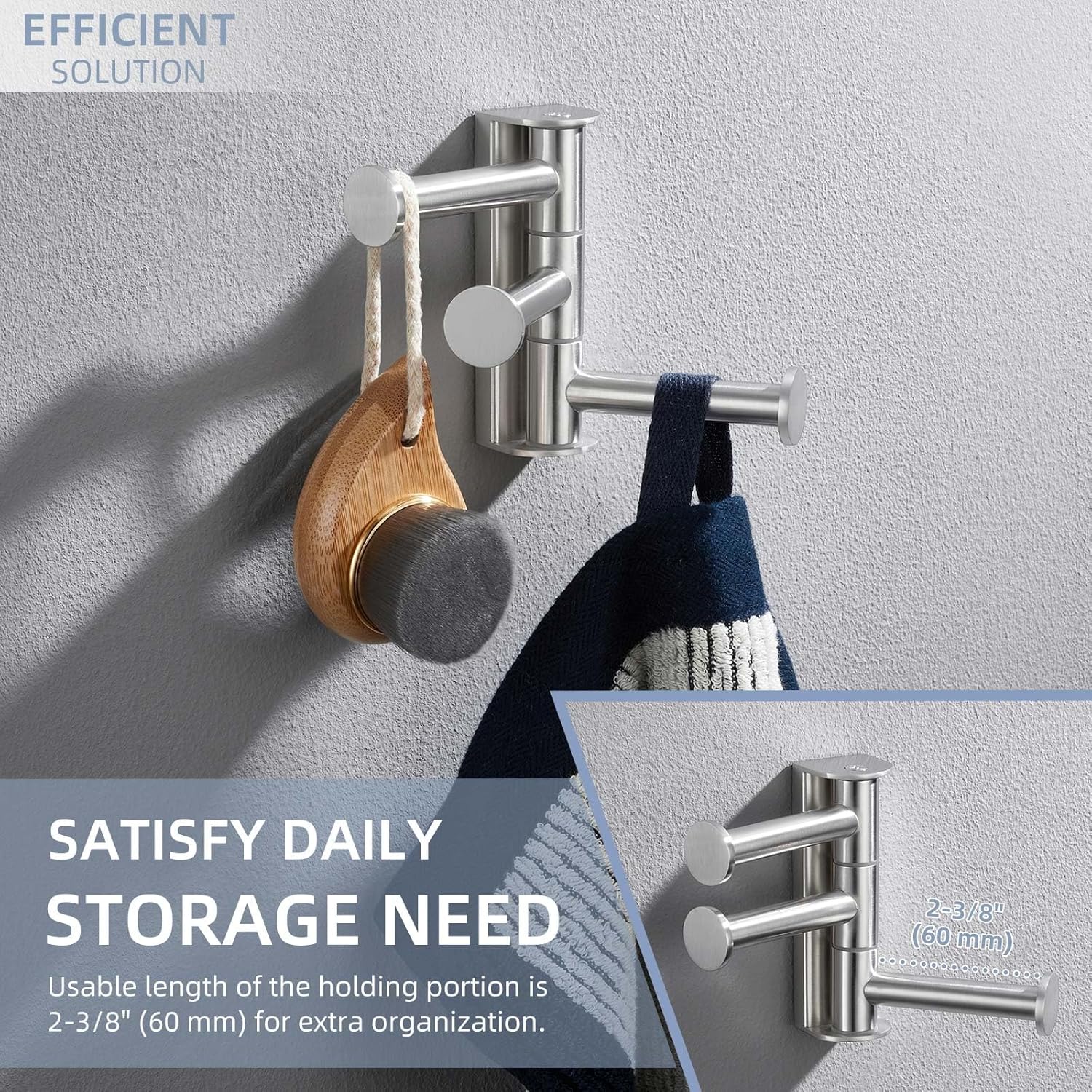 Angle Simple Swivel Towel Hook Bundle with 2 Pack Double Robe Hook (Brushed Nickel)