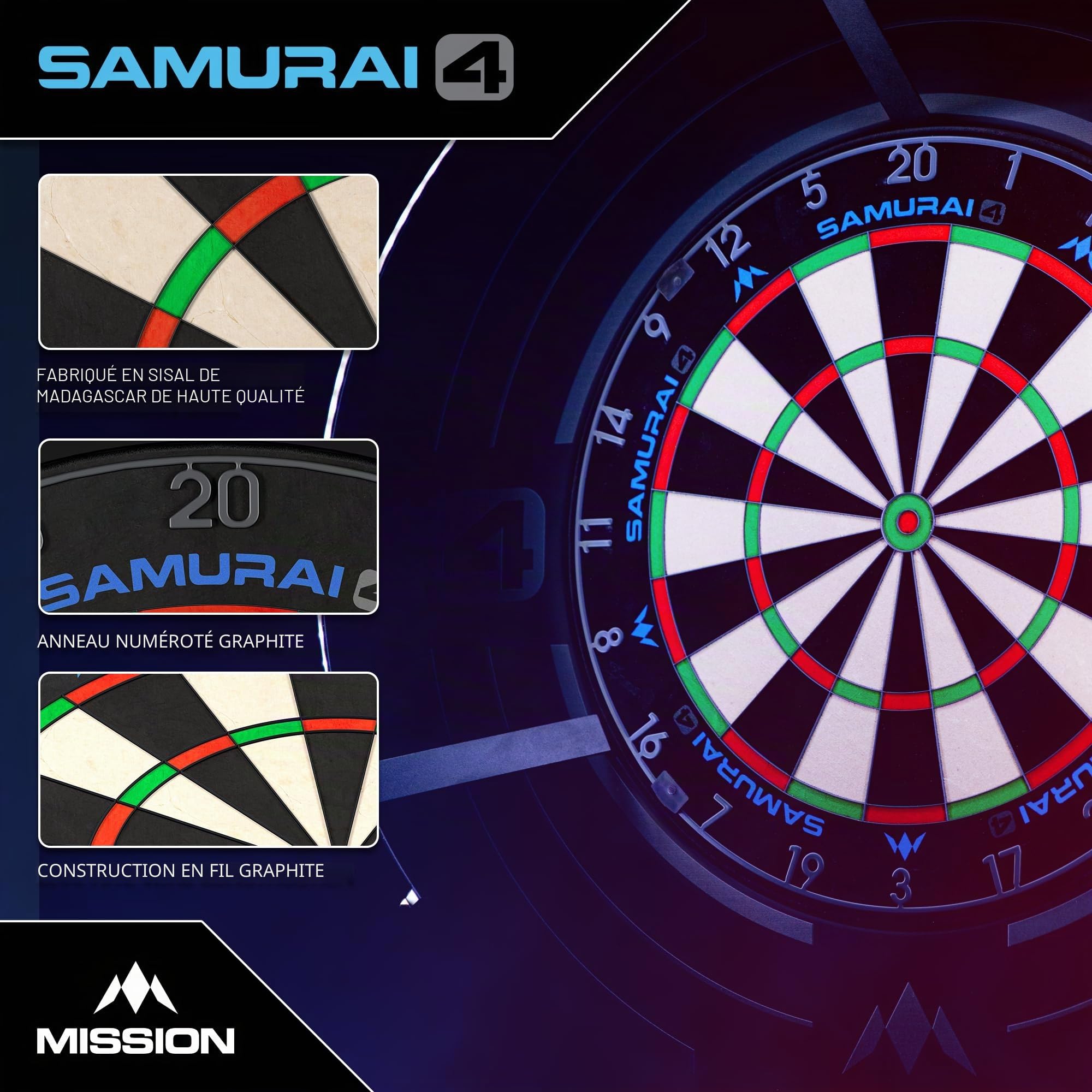 Mission Darts | Samurai 4 | Cible de fléchettes professionnelle en poils | Fil de couteau | Édition Spider Blanc ou Graphite