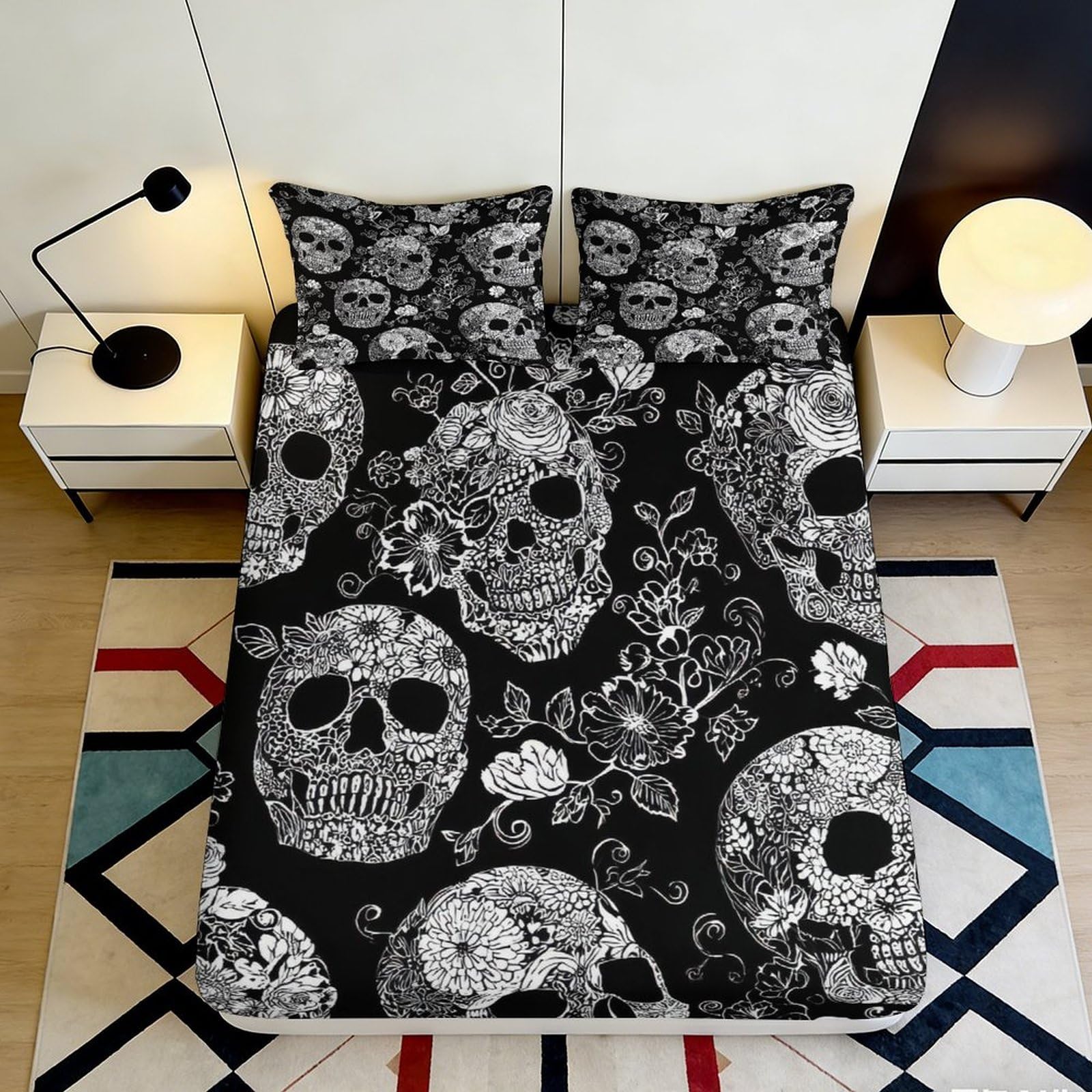 3D Printed Floral Skull Fitted Sheet Microfiber Black Gothic Skeleton Bed Cover for Bedroom Guest Room Decor 140x200x25cm