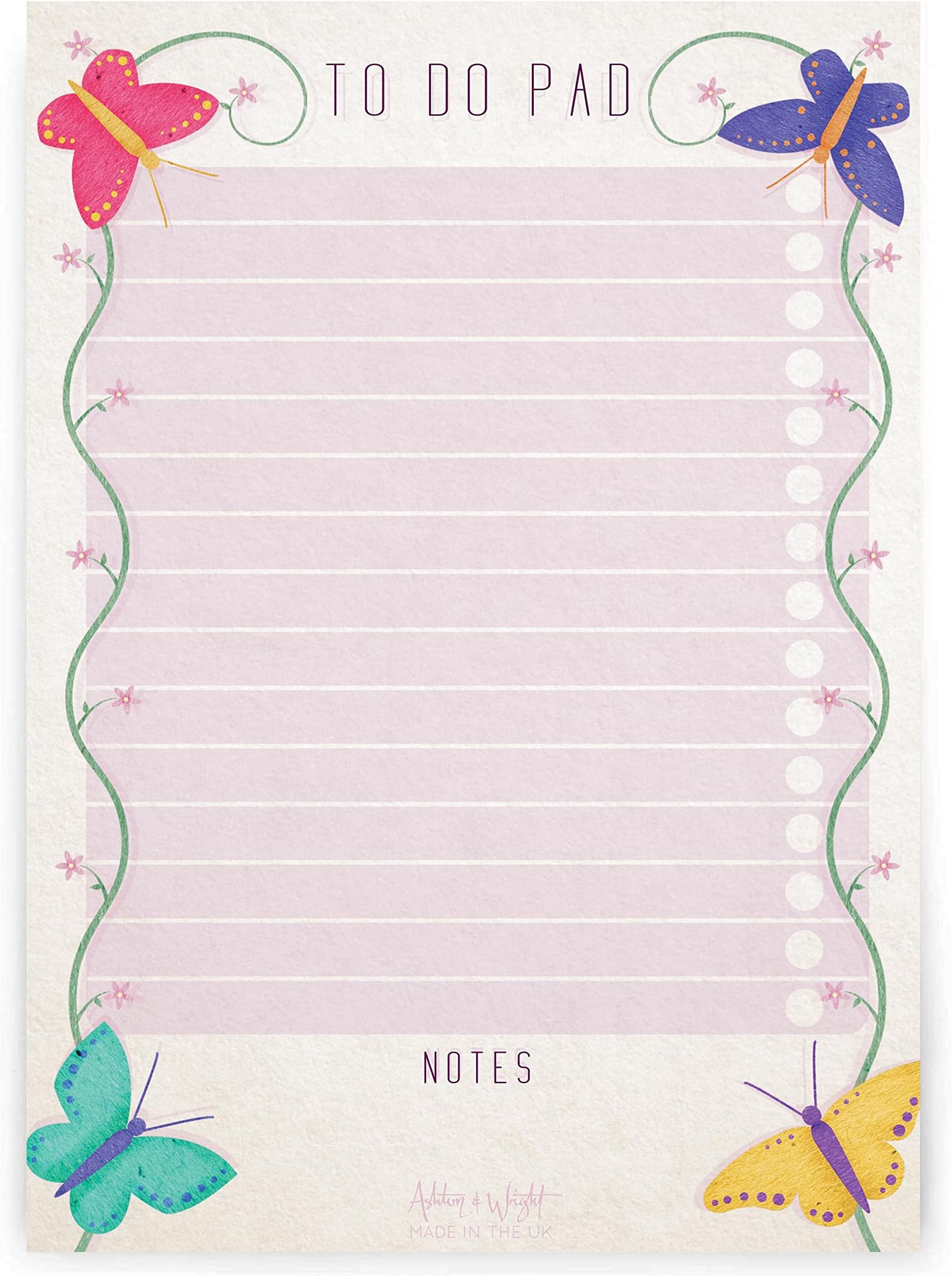 Ashton and Wright - Butterfly Design - A5 to Do Pad/Daily Schedule Planner/Desk Pad - 60 Sheets - 80gsm - Made in UK