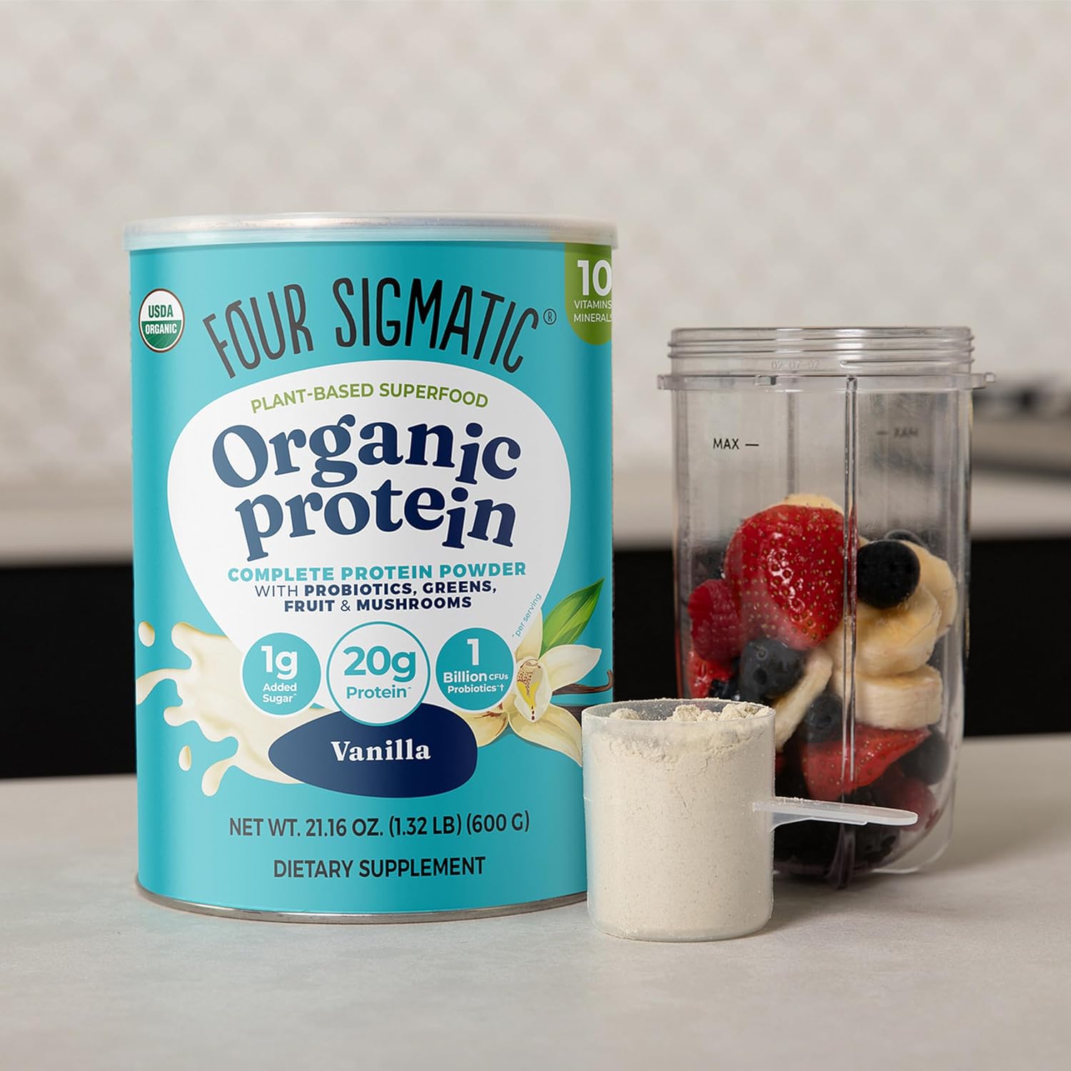 Four Sigmatic Organic Vegan Protein Powder | 18g Plant-Based Protein per Serving | Gluten Free, Dairy Free, Soy Free, Non-GMO with No Filler Ingredients | 21.16oz, 15 Servings | Vanilla