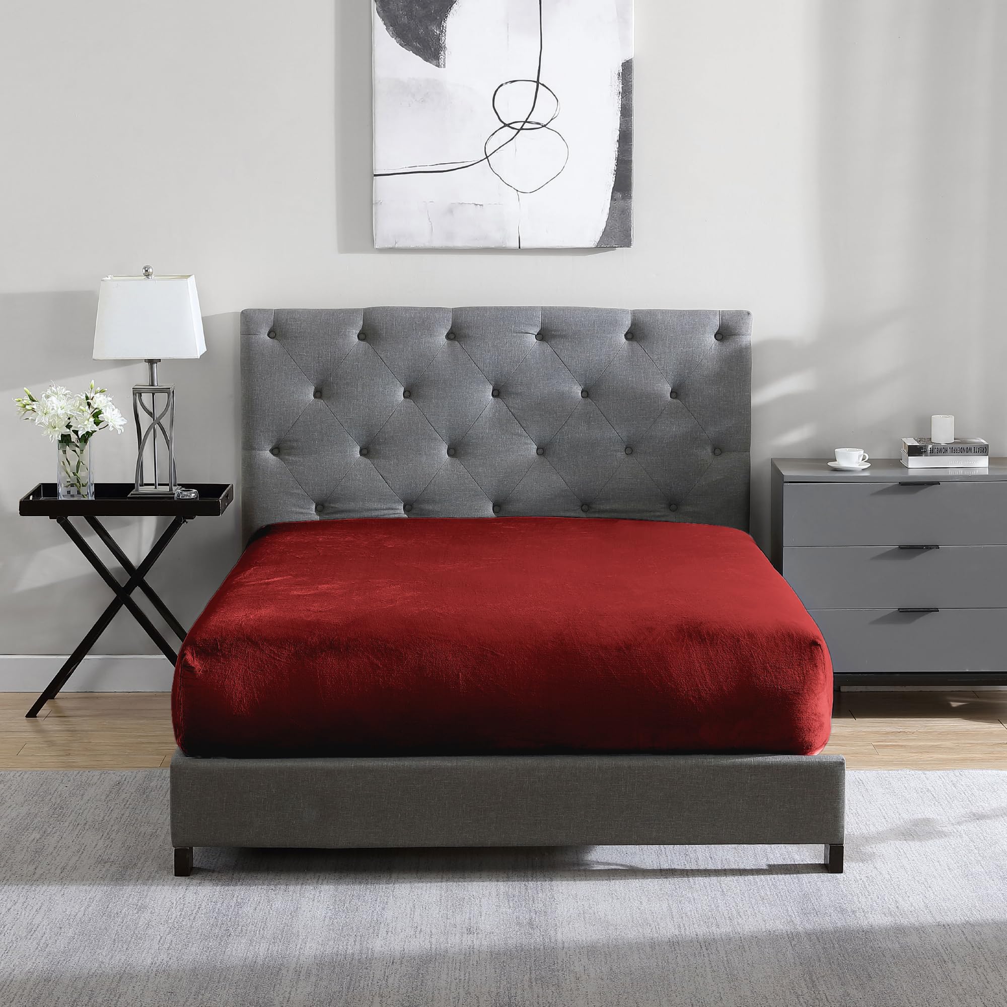 Cathay Home Twin Flannel-Plush Fur Fitted Sheet - Ultra Soft & Thick Plush Fur - All Season Cozy Warmth - 12" Deep Pocket Fitted Sheet Only (Twin, Burgundy)