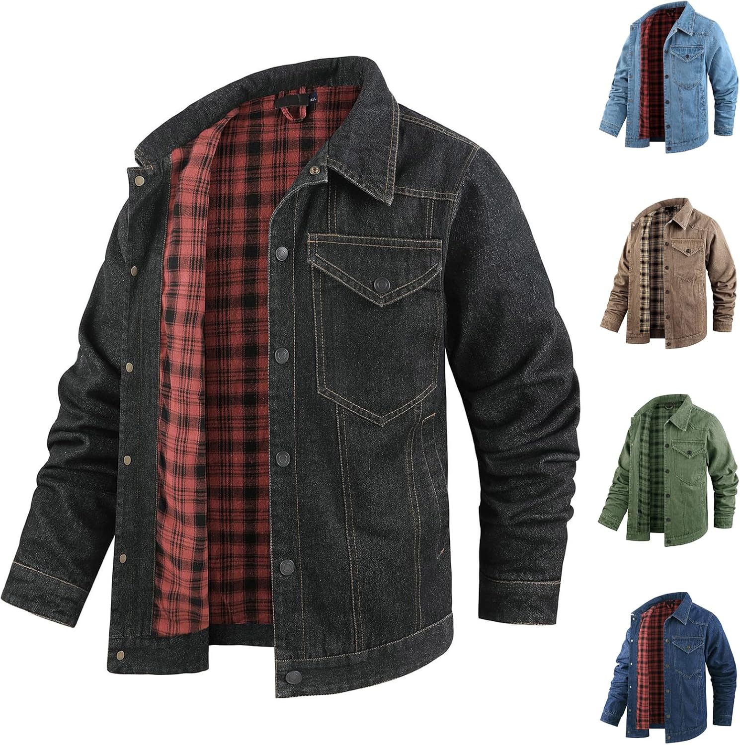 Men's Denim Jacket Flannel Plaid Lined Jean Jackets Vintage Cowboy Snap Jean Coat Classic Slim Lapel Trucker Coats