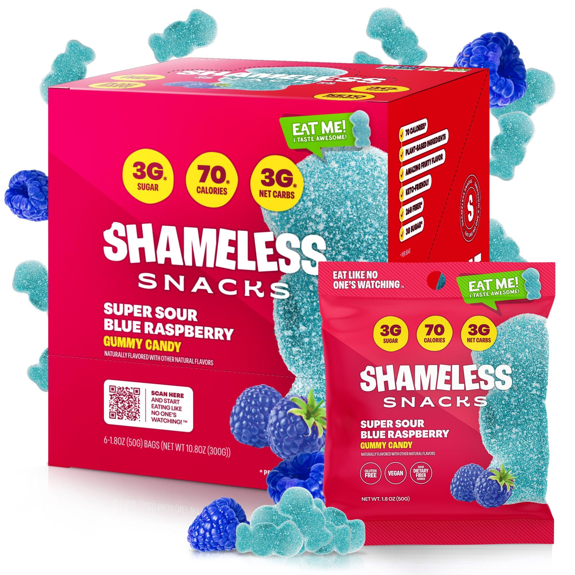 Shameless Snacks -Super Sour Blue Raspberry- Gummy Candy, Sour Candy, Vegan Candy, Healthy Snacks, Sour Gummy Candy, Gummy snacks, Keto Candy, Keto Gummies - 6 Pack Sour