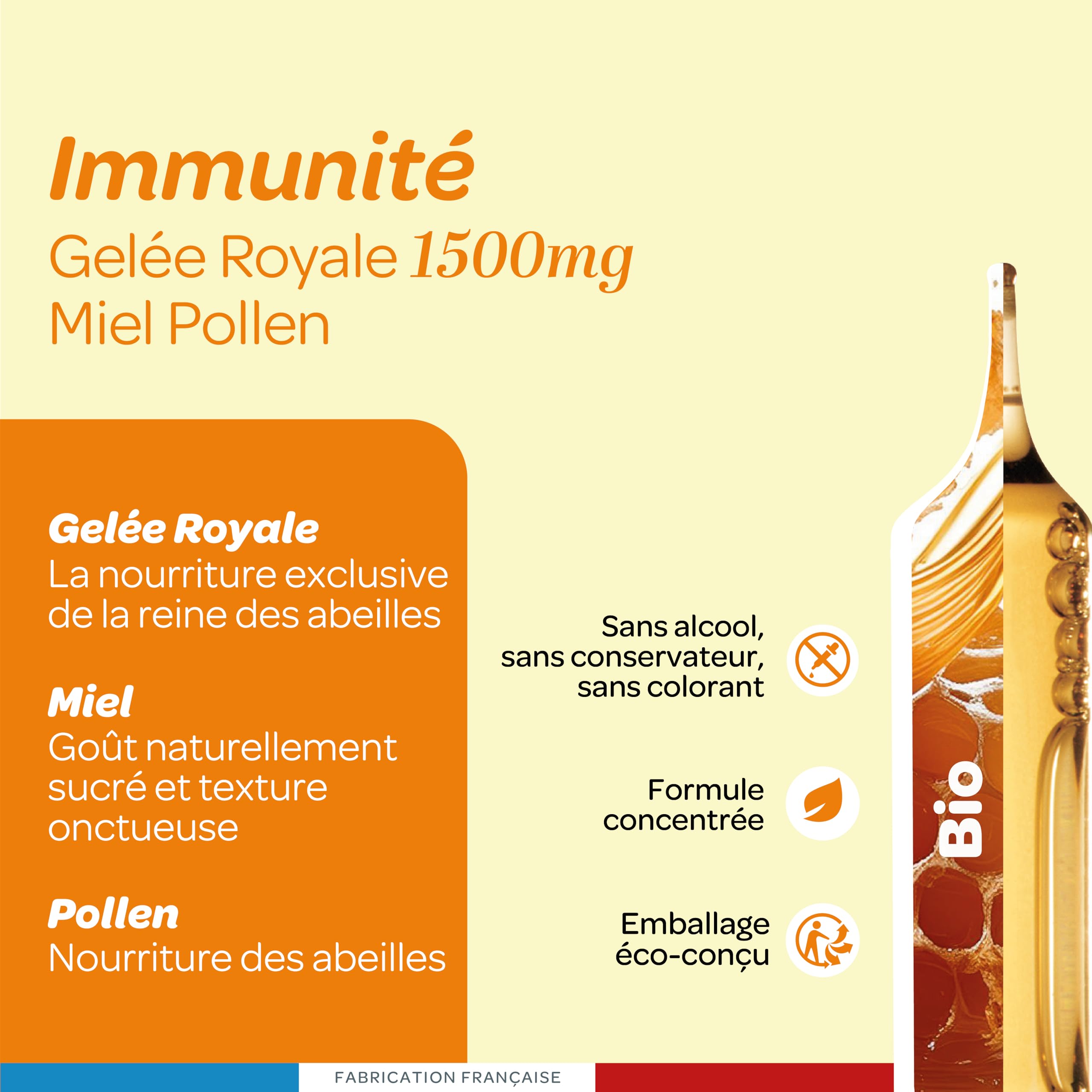 SUPERDIET-GELÉE ROYALE 1500MG BIO- Gelée royale, miel,pollen bio-Défenses immunitaires-Fabrication française-20 ampoules de 10ml