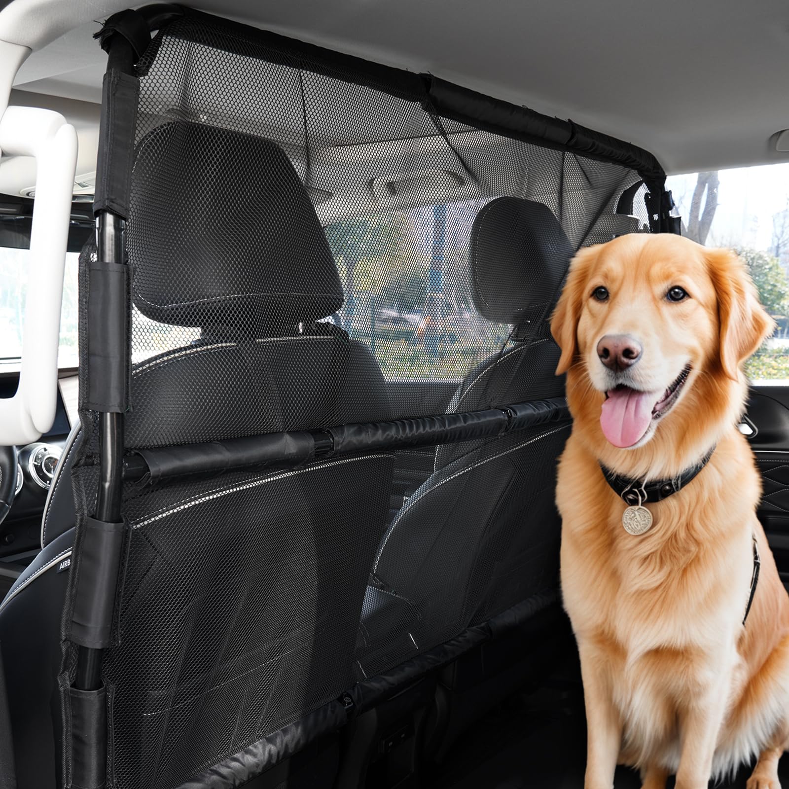 VEVOR Barrera para Perros para el Coche, para Instalación en Asientos Delanteros, con Malla Red Transparente, Universal para Sedanes, Camionetas y SUV de Tamaño Completo, Negro, 1415 x 810 x 75 mm