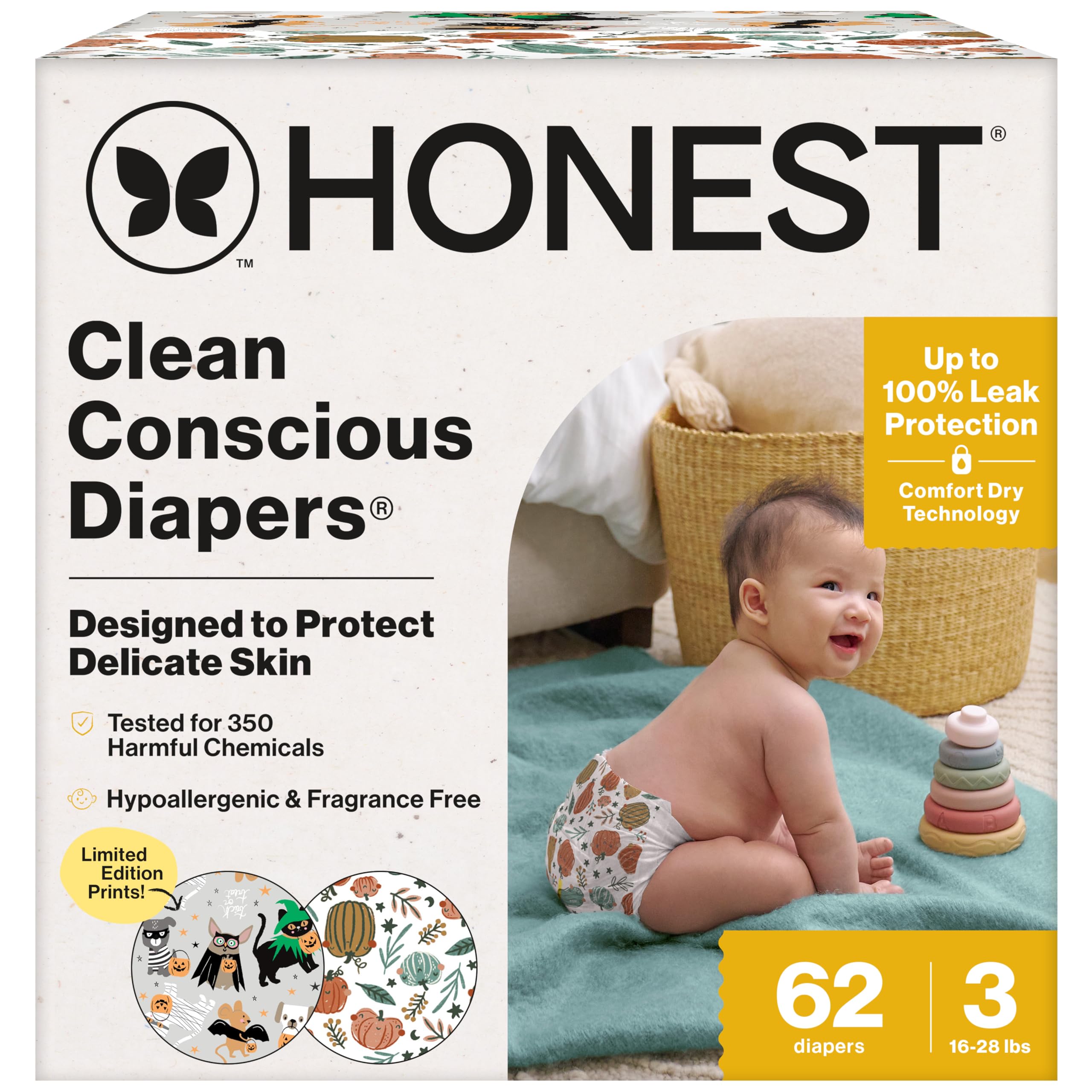 The Honest Company Comfort Dry Disposable Diapers for Sensitive Skin, Hypoallergenic, Fragrance-Free, Fall '25 Seasonal Prints, Club Box, Size 3 (16-