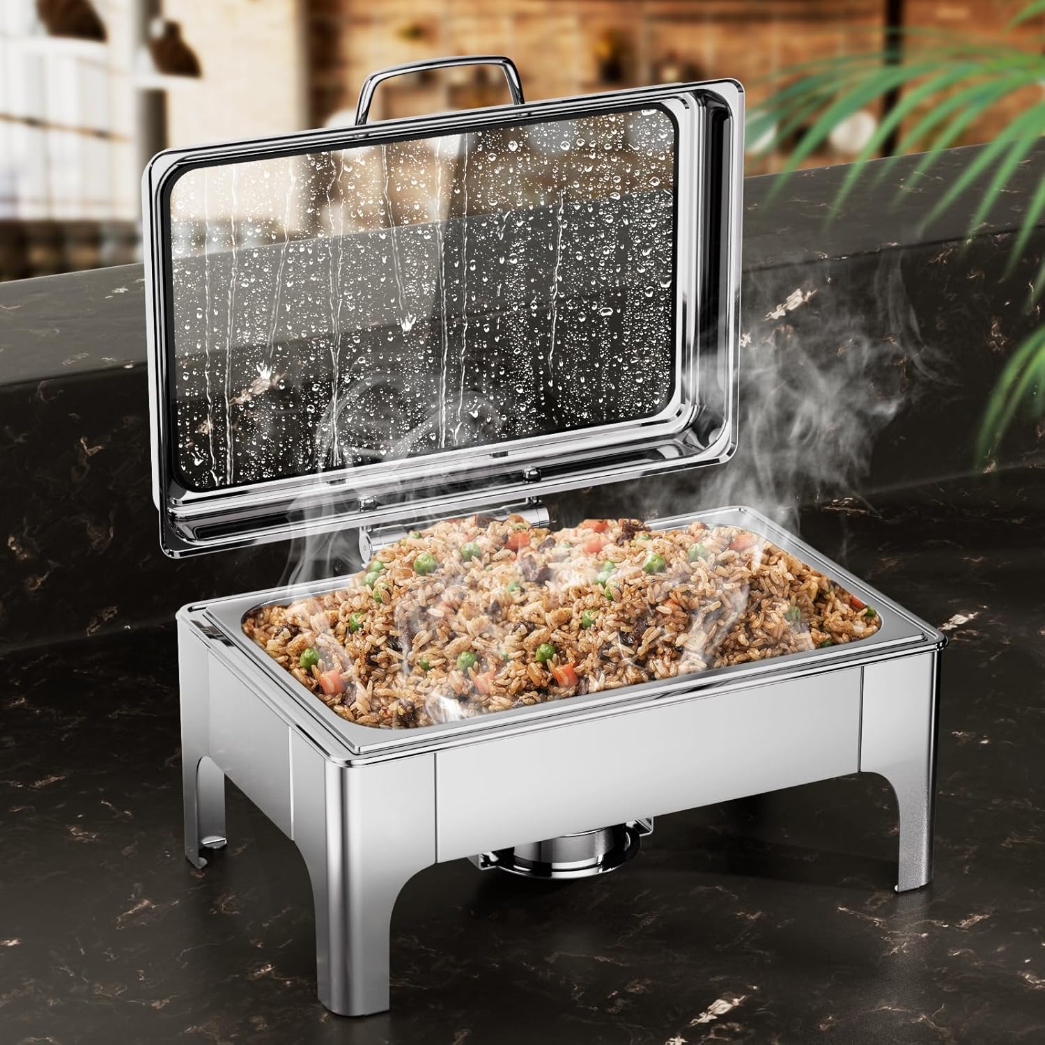 ( gold / silver color ) Chafing Dishes for Buffet, 9.5QT Square Stainless Steel Chafing Dish with Transparent Hydraulic Lid, 304 Food Pan, Buffet Warmer for Parties and Events