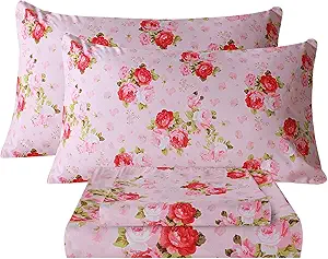 Bedlifes California King Sheet Set Ultra Soft, Breathable, Silky Flower Deep Pocket 100% Microfiber Bedding, 4 Piece Cal King Size Pink Floral(Red Rose)