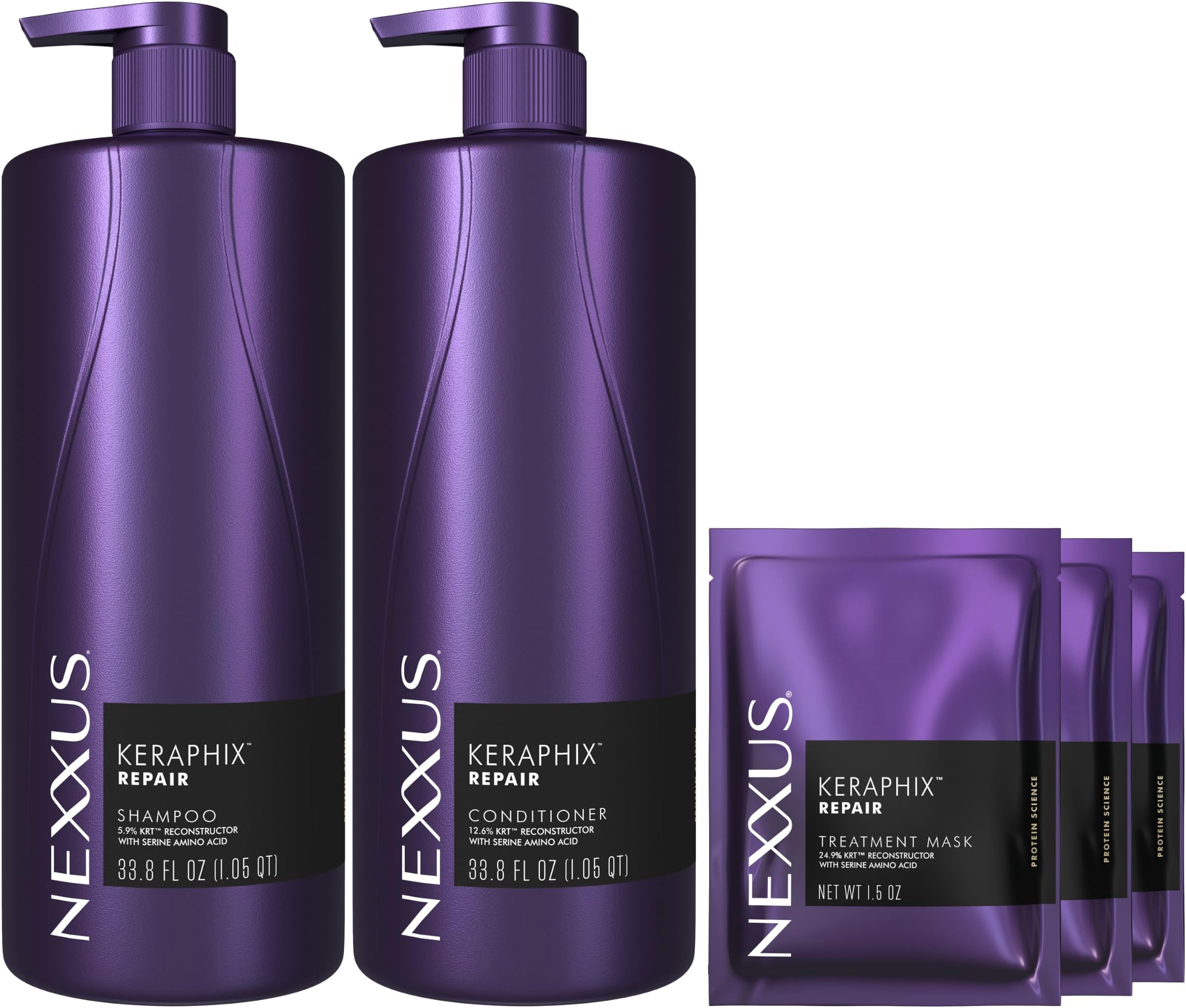 Keraphix Shampoo and Conditioner and 3 Hair Treatment Masks for Damaged Hair, Hair Repair Treatment System Damaged Hair Repair Treatment System 33.8 oz, 2 count & 1.5 oz, 3 count, Pack of 5