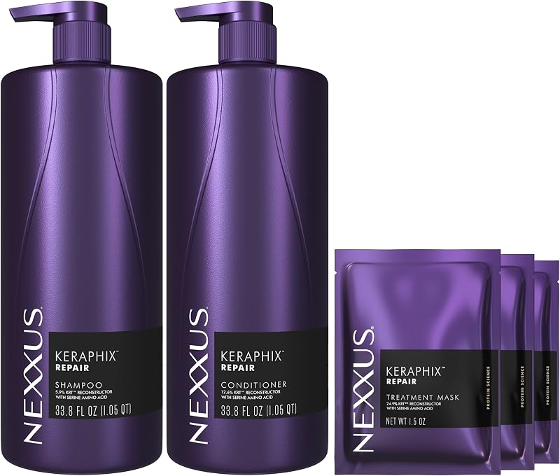 Nexxus Keraphix Shampoo and Conditioner - Damaged Hair Treatment System with Keratin Protein and Black Rice, 2 Count & 3 Repair Masks Treatment, 33.8 oz, 1.5 oz, 3 Count, 5 Count ( Pack of 1)