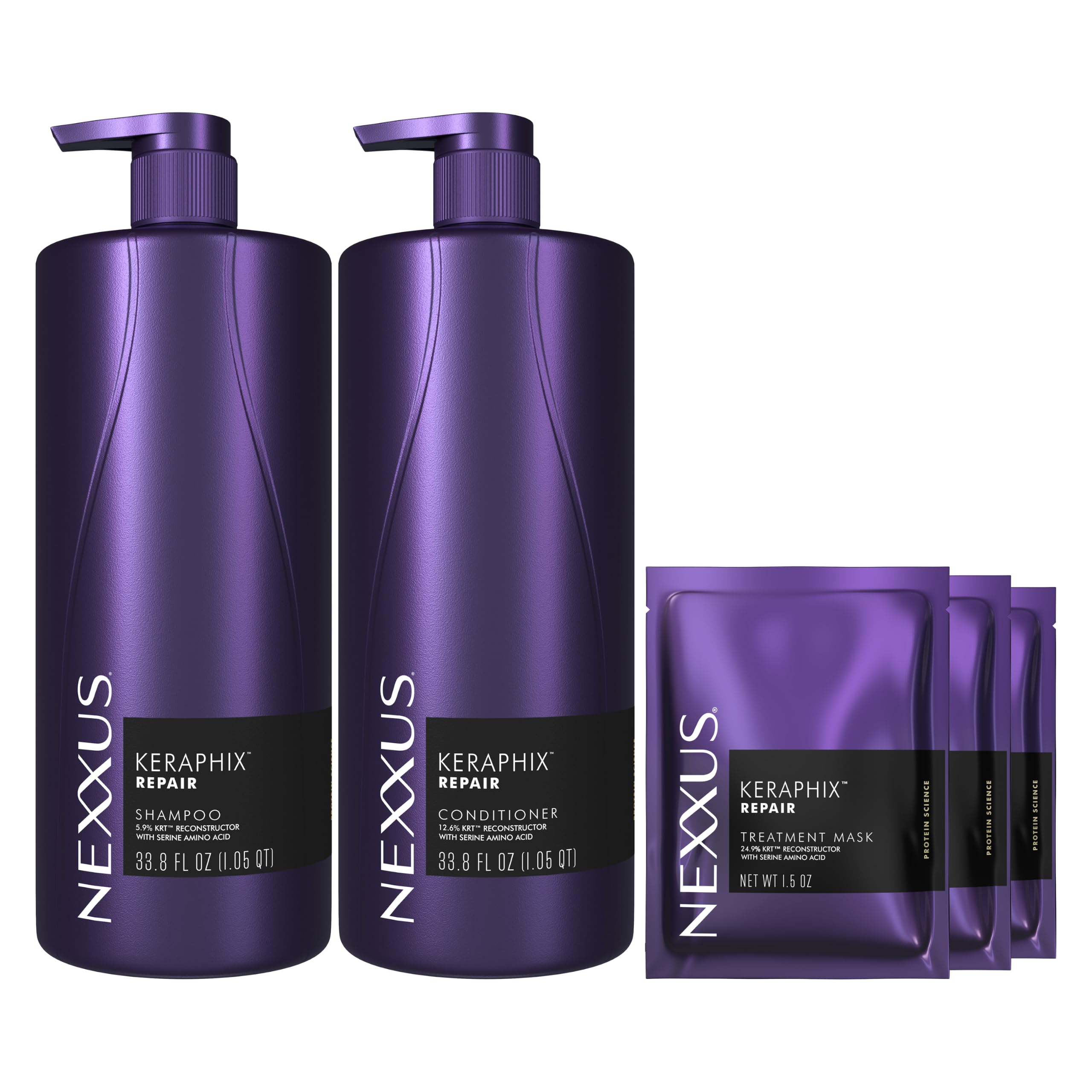 Nexxus Keraphix Shampoo and Conditioner - Damaged Hair Treatment System with Keratin Protein and Black Rice, 2 Count & 3 Repair Masks Treatment, 33.8 oz, 1.5 oz, 3 Count, 5 Count ( Pack of 1)