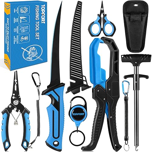 TOPFORT Fishing Gear Tool Kit - 7PC Saltwater Fishing Pliers Accessories Set - Fishing Equipment with Fish Knife Scissors Hook Remover Tools Line Cutter and Fish Lip Gripper - Fishing Gifts for Men