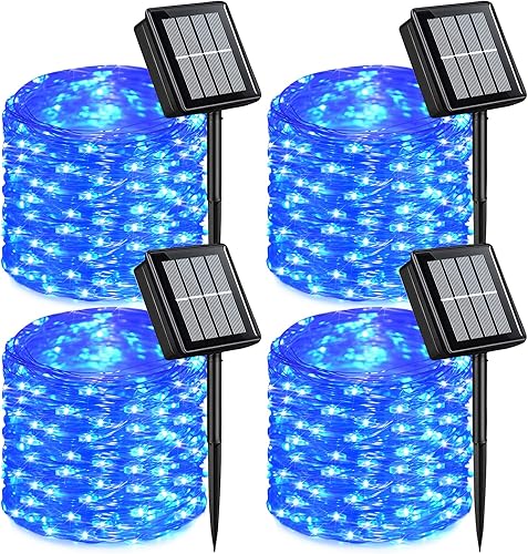 QITONG Luces solares azules de Navidad, paquete de 4 luces LED de 33 pies cada uno, 100 luces LED para exteriores, impermeables, 8 modos, alambre