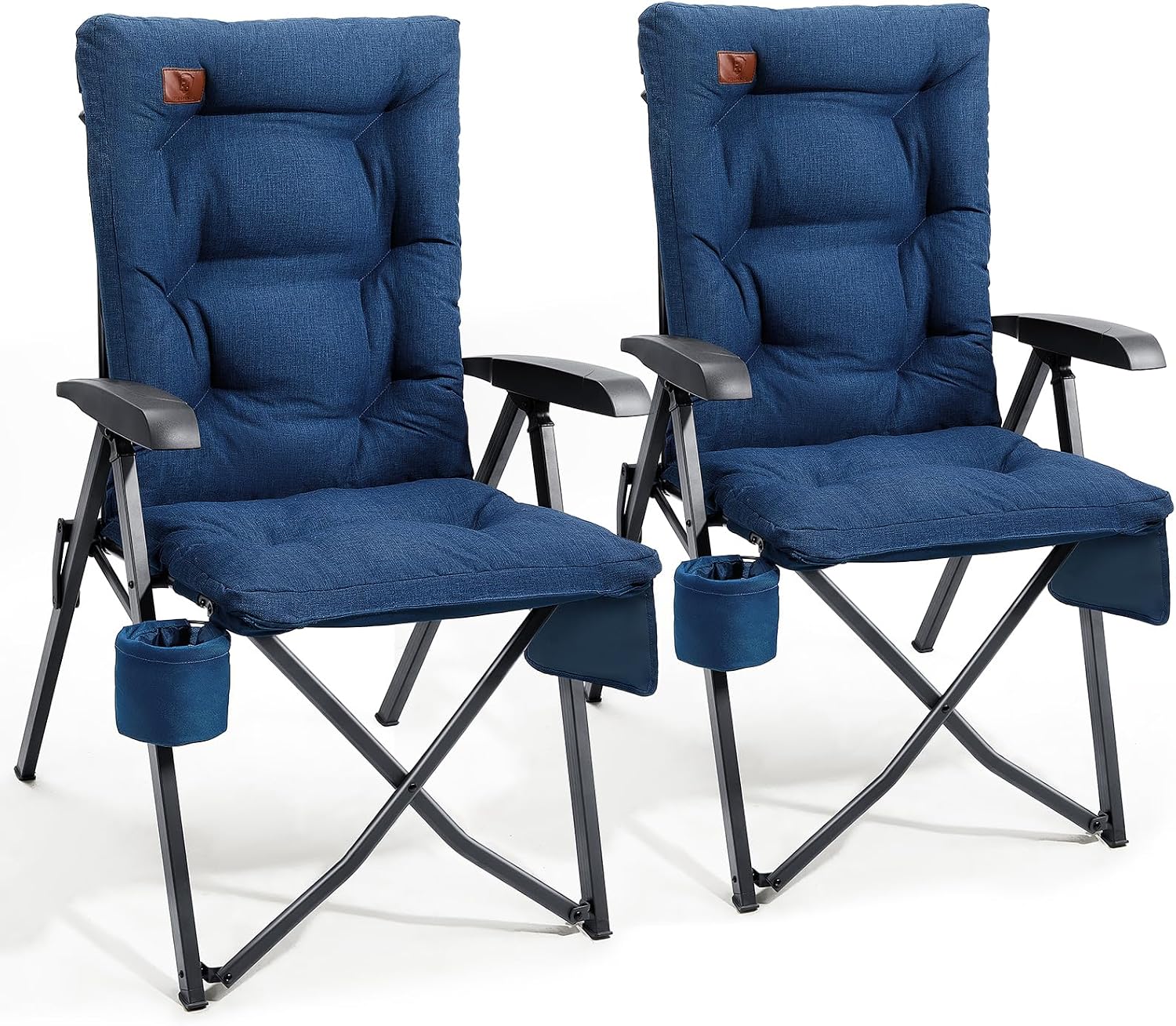 EVER ADVANCED Luxury Camping Chairs 2 Set for Adults Heavy Duty High Back Oversized Folding Garden Chair Comfy Padded 6cm Loadable 150kg Cam Adjustable Dining Chairs 4-Position Recliner Blue