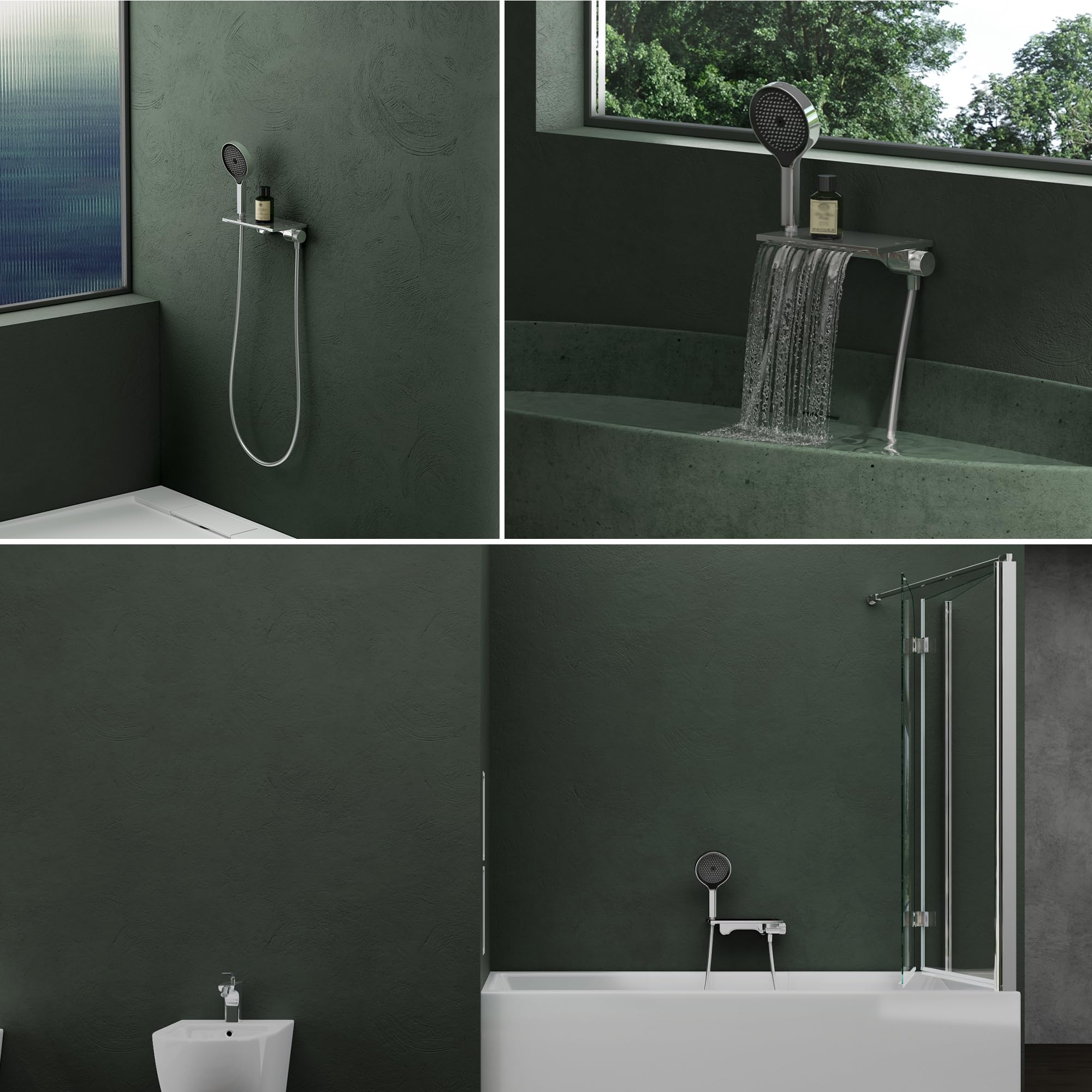 Mai & Mai Badewannenarmatur mit Handbrause, Wannenarmatur Wasserfall Silber | Wandarmatur für Badewanne aus Messing, 5 Strahlarten, Duschbrause mit Unterauslauf und Handbrause DSN-401