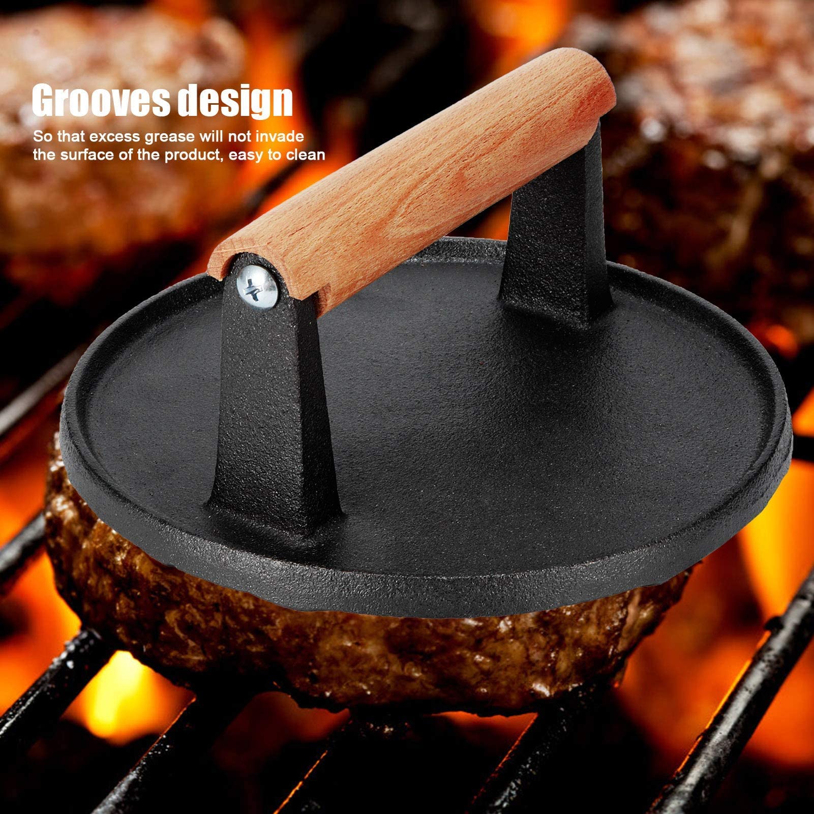 Cast Iron Grill Press, 7.1x7.1x3.1 Inch Round Bacon Press with Wooden Handle for Grill Tools BBQ Tools