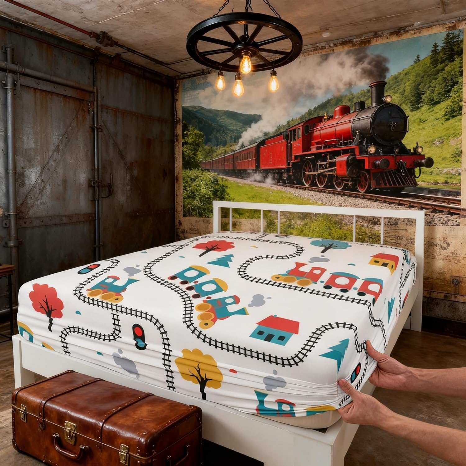 Manfei Cartoon Train Kids Fitted Sheet Full Size,Cute Choochoo Vehicles Bedding Set,Boys Girls Adults Room Decor,Cartoon Trees City Road Transport Bed Cover,Colorful Chic Bed Sheet,2 Pillowcases