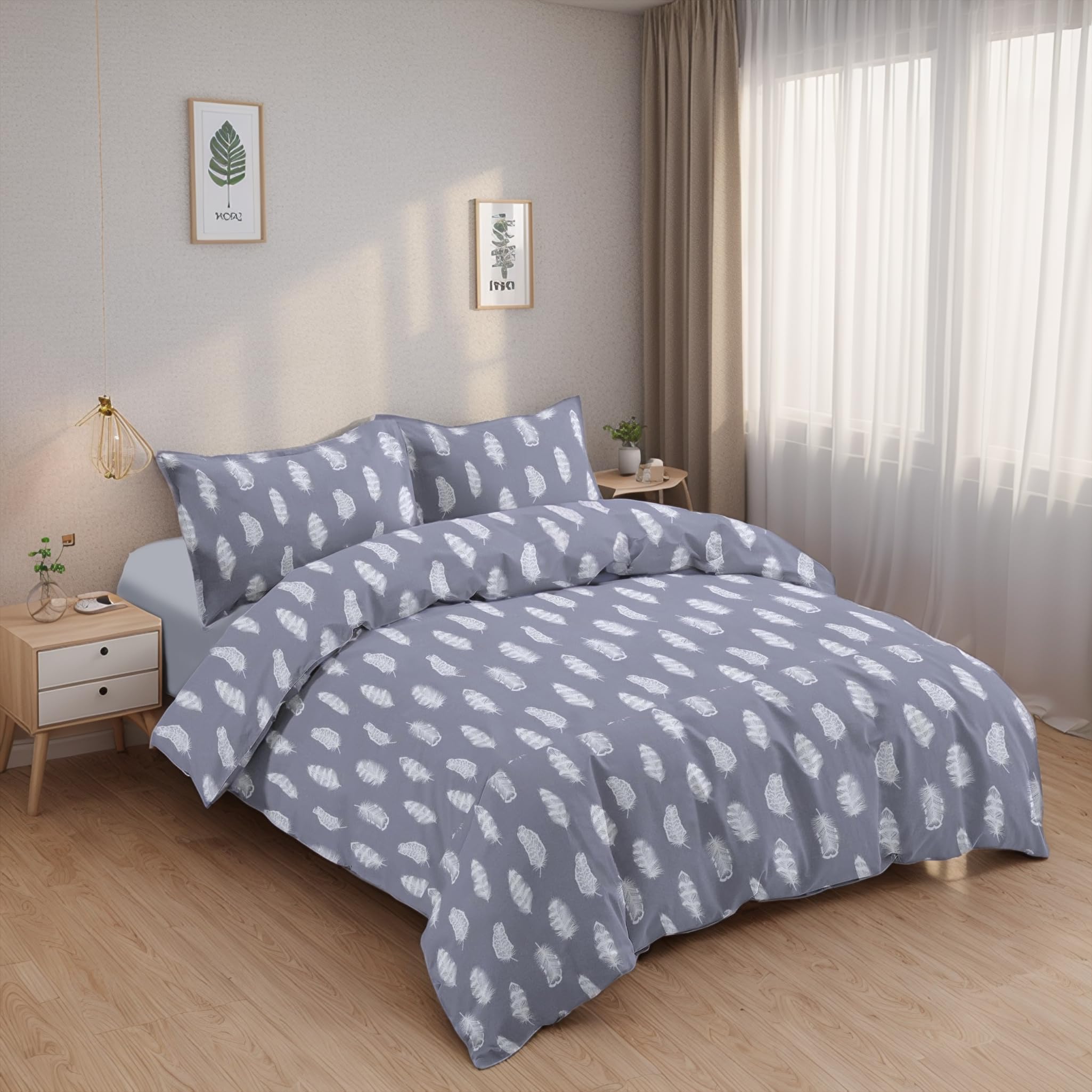 Juego de Funda Nórdica 4 Piezas Cama 150 Microfibra Suave Transpirable - 1 Funda Edredón 240x220 cm, 1 Bajera 150x200+28 cm y 2 Fundas de Almohada 50x90 cm (Pluma Gris)