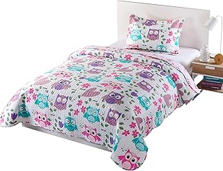 Best MarCielo 2 Piece Kids Bedspread Quilts Set Throw Blanket for Teens Boys Girls Bed Printed Bedding Coverlet, Twin Size, Purple Hoot (Twin) Review 