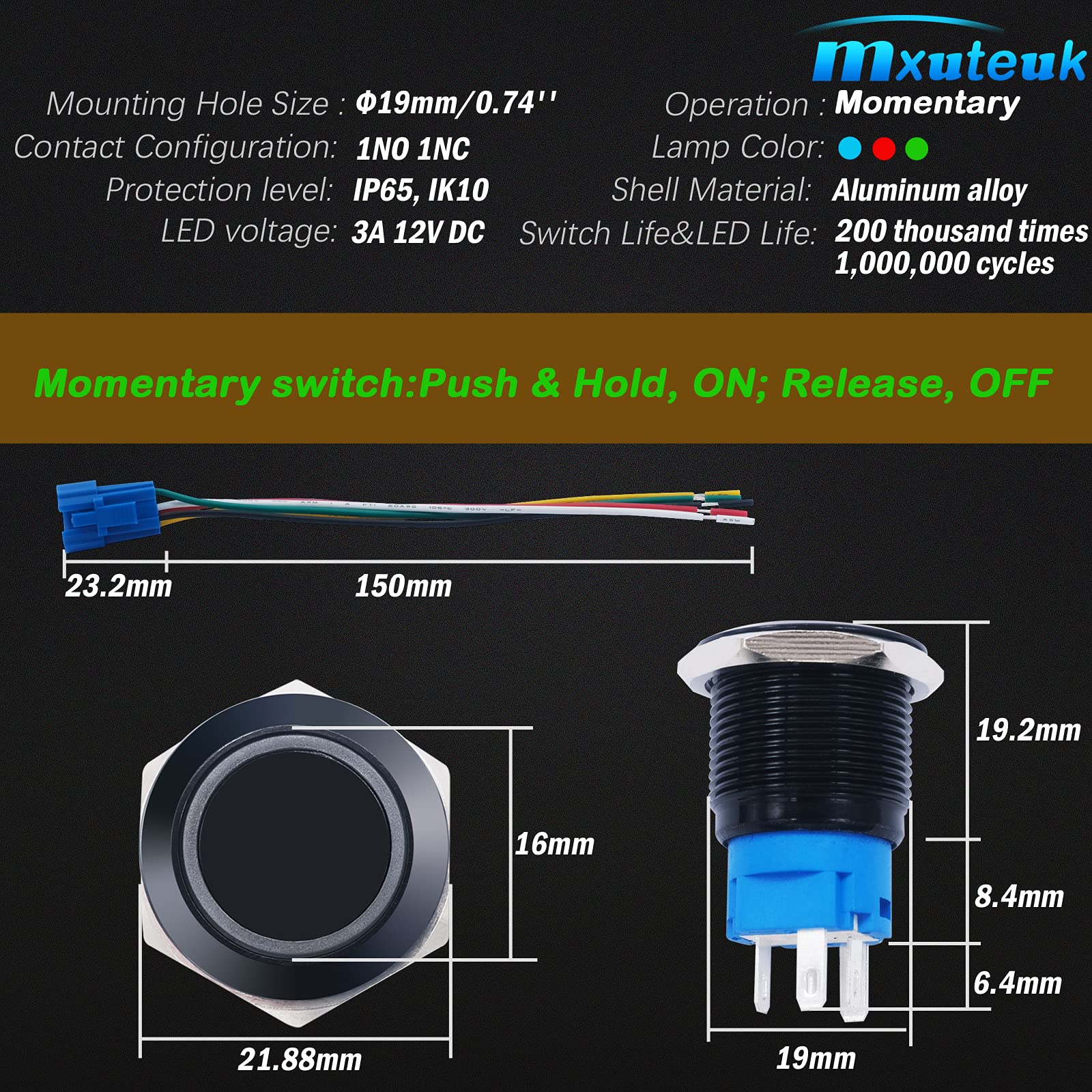 mxuteuk 19mm Momentary Push Button Switch 1 NO 1 NC SPDT ON/Off